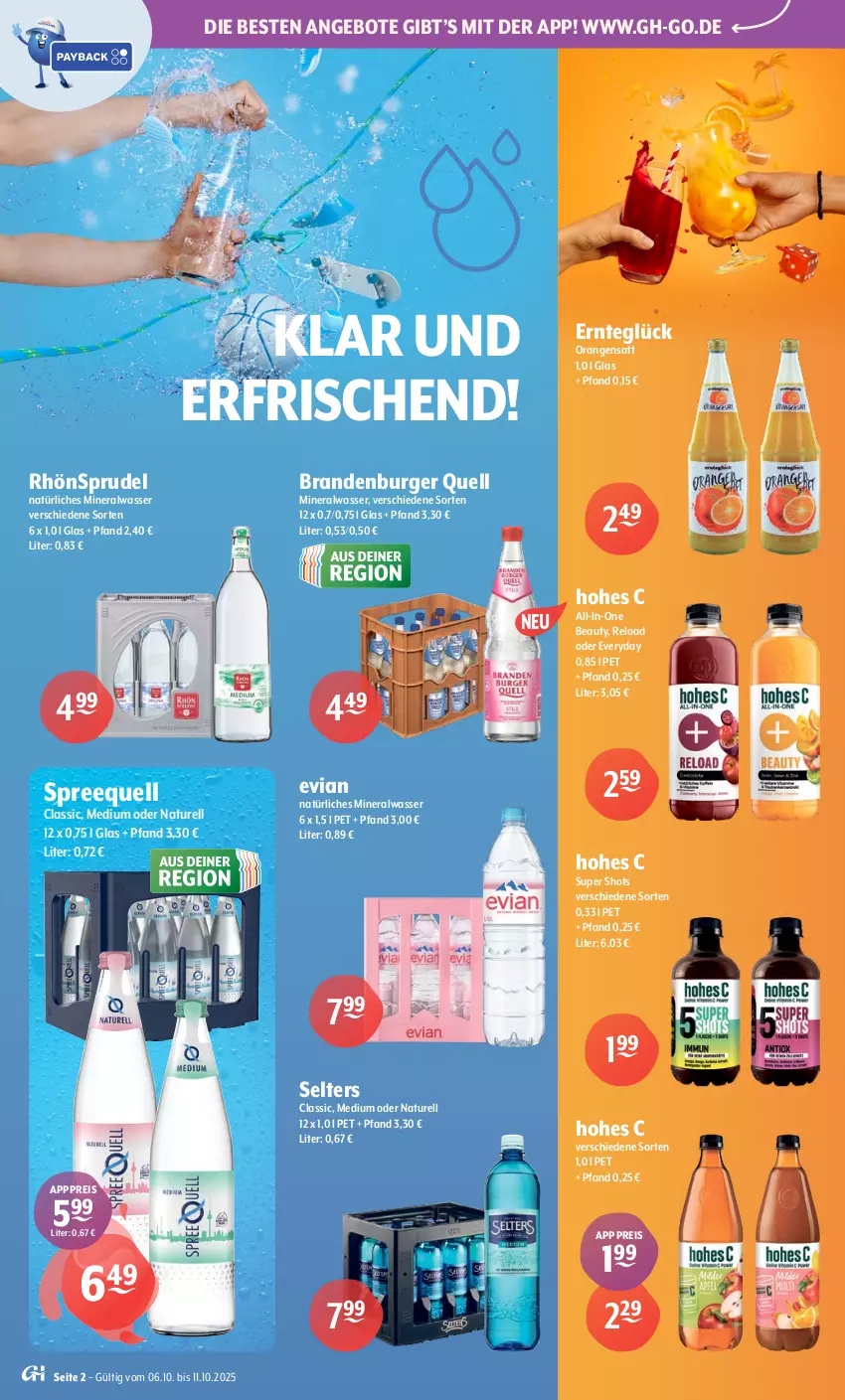 Aktueller Prospekt Getraenke Hoffmann - Prospekte - von 06.10 bis 11.10.2025 - strona 2 - produkty: Alwa, angebot, angebote, burger, eis, Hohes C, mineralwasser, natur, natürliches mineralwasser, orange, orangen, orangensaft, reis, rel, RhönSprudel, saft, Selters, Spreequell, Sprudel, Ti, wasser