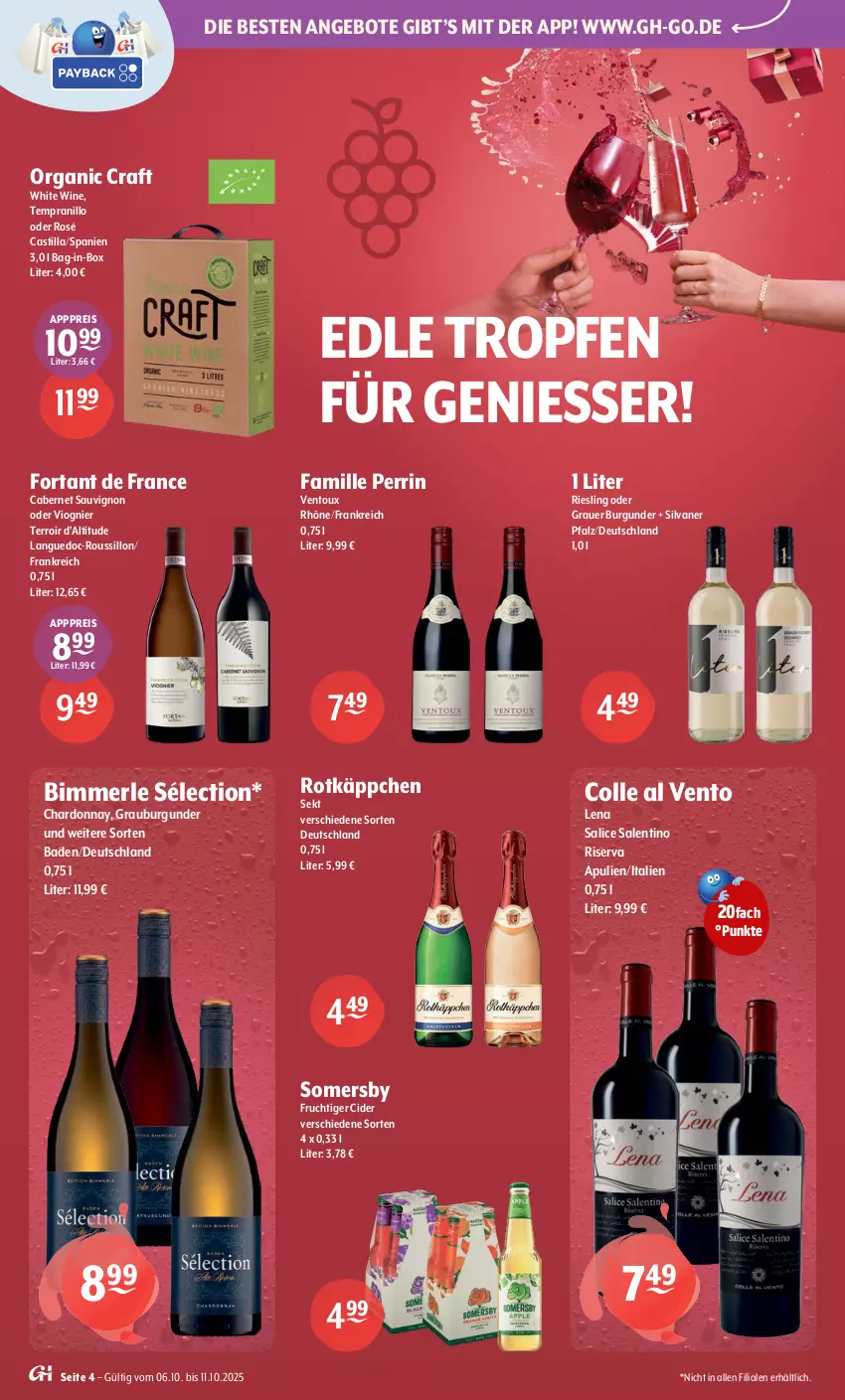 Aktueller Prospekt Getraenke Hoffmann - Prospekte - von 06.10 bis 11.10.2025 - strona 4 - produkty: angebot, angebote, asti, auer, Bad, bag-in-box, burgunder, cabernet, cabernet sauvignon, chardonnay, cider, eis, frucht, grauburgunder, grauer burgunder, merl, Organic Craft, reis, riesling, riserva, rotkäppchen, sauvignon, sekt, silvaner, somersby, tempranillo, Ti
