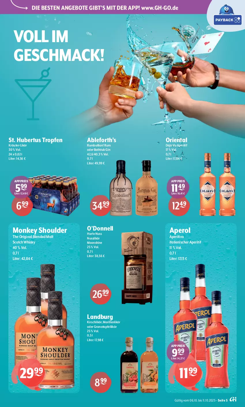 Aktueller Prospekt Getraenke Hoffmann - Prospekte - von 06.10 bis 11.10.2025 - strona 5 - produkty: angebot, angebote, aperitif, aperol, apfel, eis, gin, grana, granatapfel, kirsch, Kirschlikör, kräuter, likör, lion, mac, nuss, Rana, reis, rum, scotch, scotch whisky, Ti, whisky
