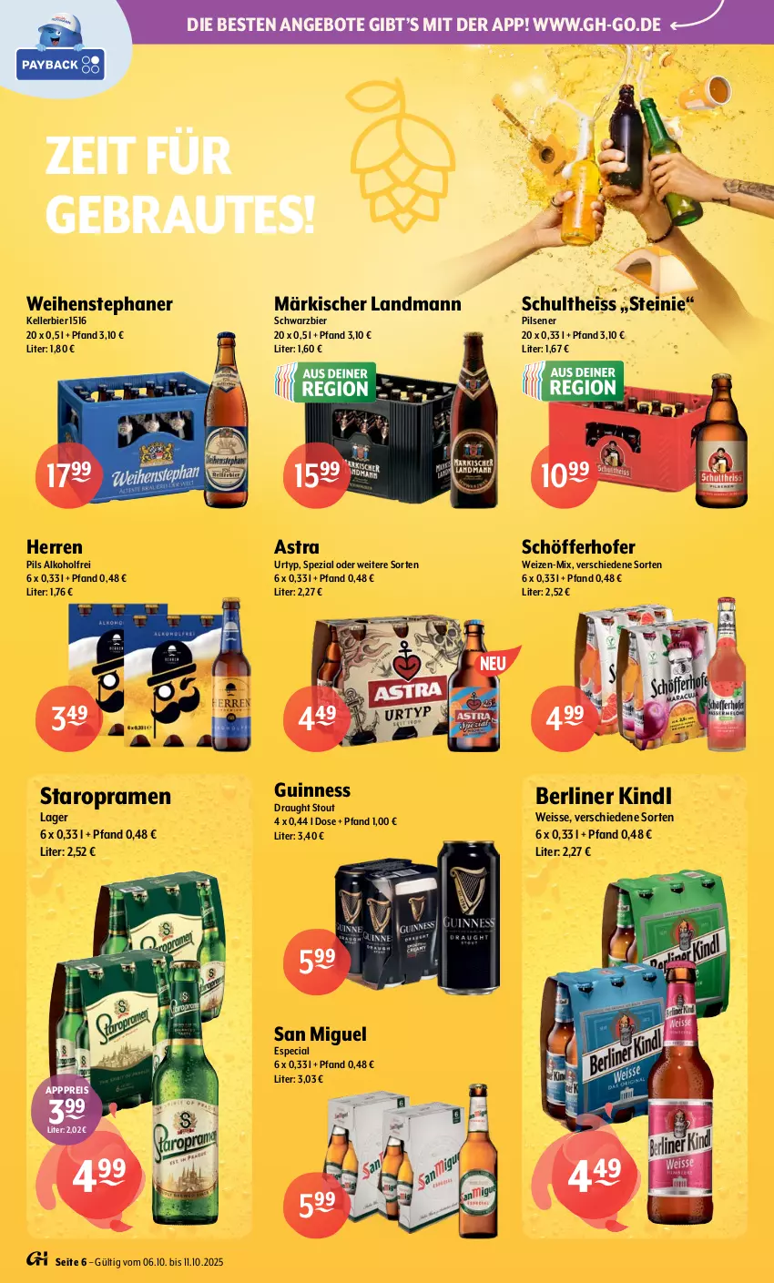 Aktueller Prospekt Getraenke Hoffmann - Prospekte - von 06.10 bis 11.10.2025 - strona 6 - produkty: alkohol, angebot, angebote, Astra, berliner, berliner kindl, bier, eis, elle, Guinness, kellerbier, pils, pilsener, reis, schöfferhofer, Schultheiss, Spezi, Staropramen, Ti, urtyp, weihenstephan