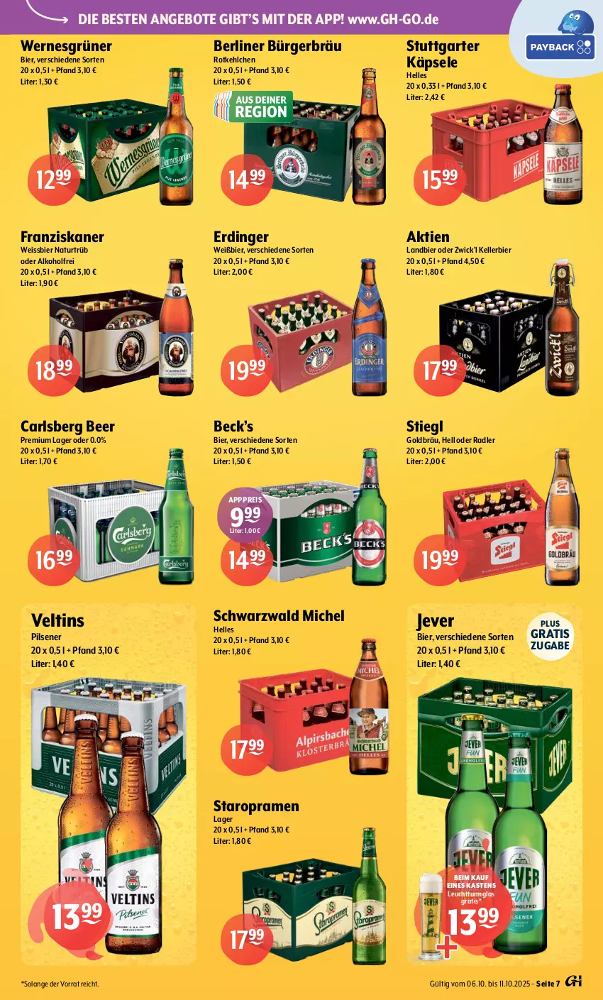 Aktueller Prospekt Getraenke Hoffmann - Prospekte - von 06.10 bis 11.10.2025 - strona 7 - produkty: alkohol, angebot, angebote, berliner, bier, carlsberg, carlsberg beer, eis, elle, erdinger, franziskaner, jever, kellerbier, natur, oder radler, pils, pilsener, radler, reis, Staropramen, Stiegl, Ti, veltins, veltins pilsener, weissbier, WICK