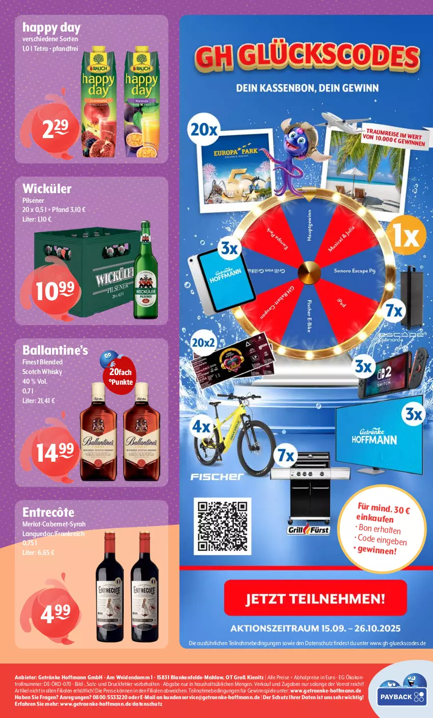 Aktueller Prospekt Getraenke Hoffmann - Prospekte - von 06.10 bis 11.10.2025 - strona 8 - produkty: abholpreise, ball, blended scotch, blended scotch whisky, cabernet, eis, entrecôte, getränk, getränke, gewinnspiel, Happy Day, merl, merlot, pils, pilsener, reis, scotch, scotch whisky, Spiele, Ti, whisky, WICK