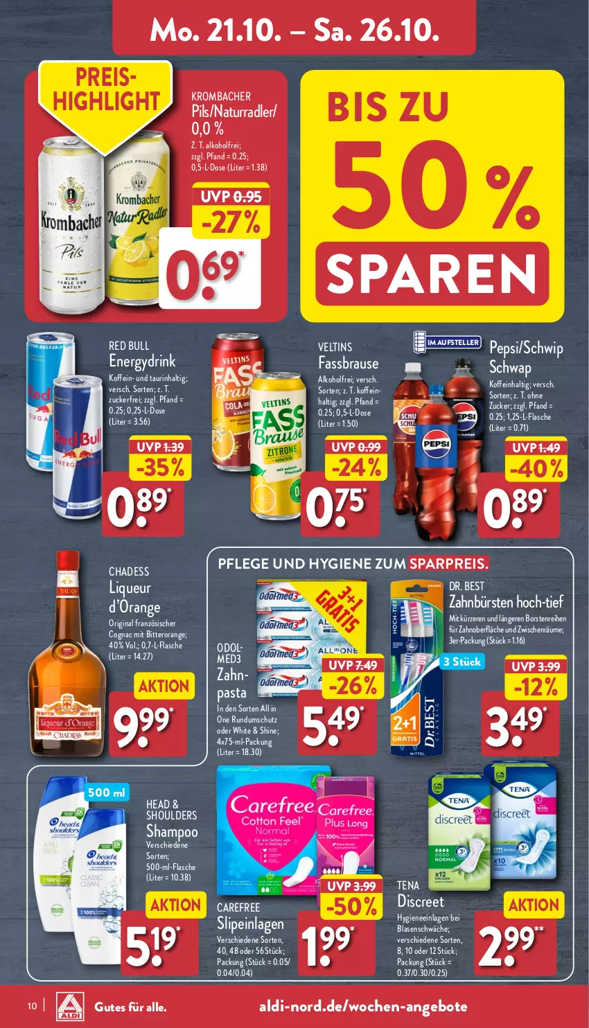 Aktueller Prospekt Aldi Nord - Von Montag - von 21.10 bis 26.10.2024 - strona 10 - produkty: aldi, alkohol, angebot, angebote, brause, bürste, bürsten, carefree, Cognac, Discreet, Dr. Best, drink, eis, elle, fassbrause, flasche, gin, krombache, krombacher, krombacher pils, liqueur, natur, Odol, orange, pasta, pepsi, pils, radler, red bull, reis, Schwip Schwap, shampoo, slip, slipeinlagen, teller, Ti, veltins, zahnbürste, zahnbürsten, zahnpasta, zucker