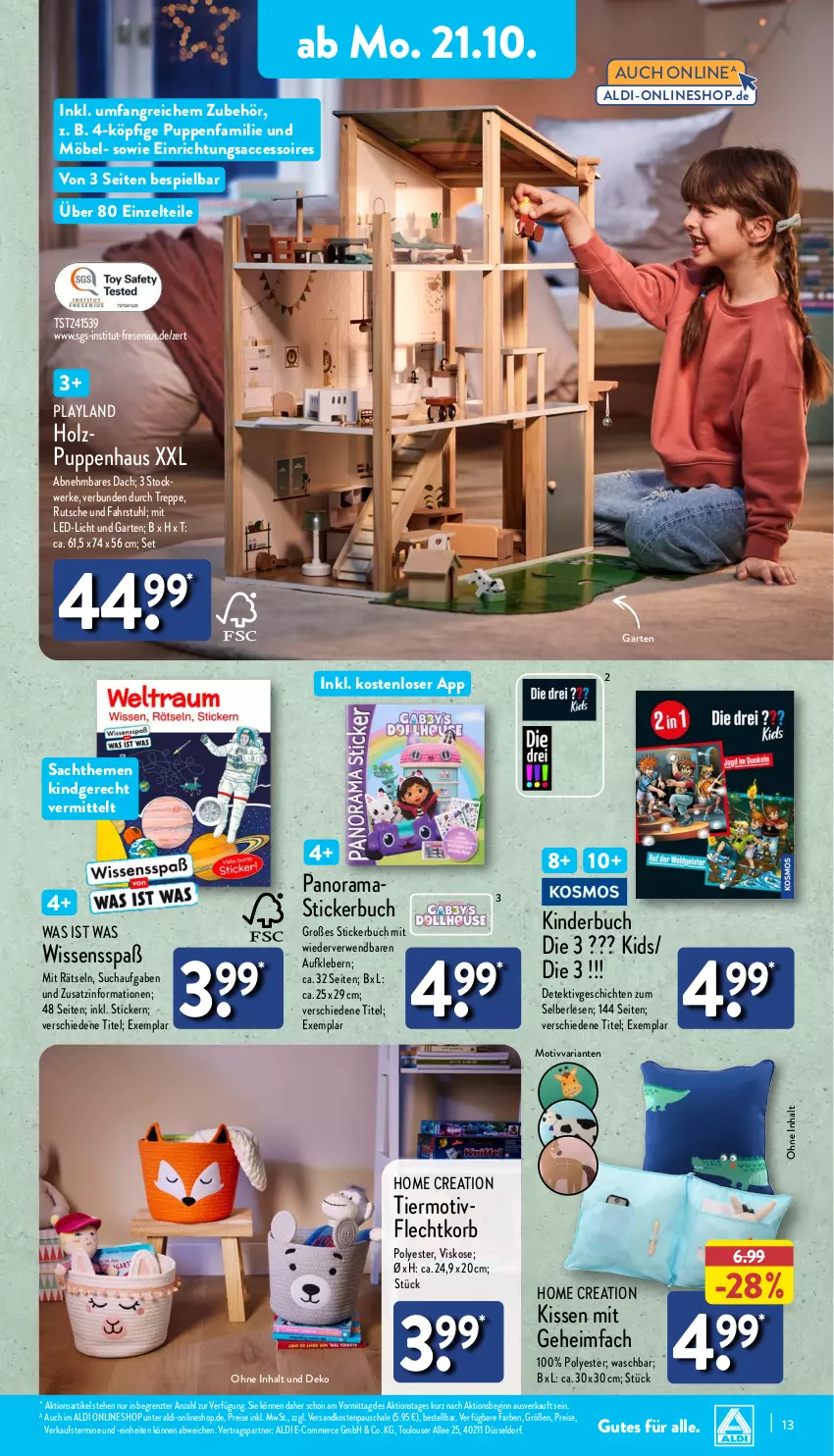 Aktueller Prospekt Aldi Nord - Von Montag - von 21.10 bis 26.10.2024 - strona 13 - produkty: ACC, accessoires, aldi, asti, Aufkleber, buch, eis, Garten, gin, Holz, Kinder, Kinderbuch, kissen, kleber, korb, led-licht, möbel, ndk, Puppe, rama, reis, Ria, rwe, sac, Schal, Schale, Stickerbuch, stuhl, Ti, Zelt, ZTE