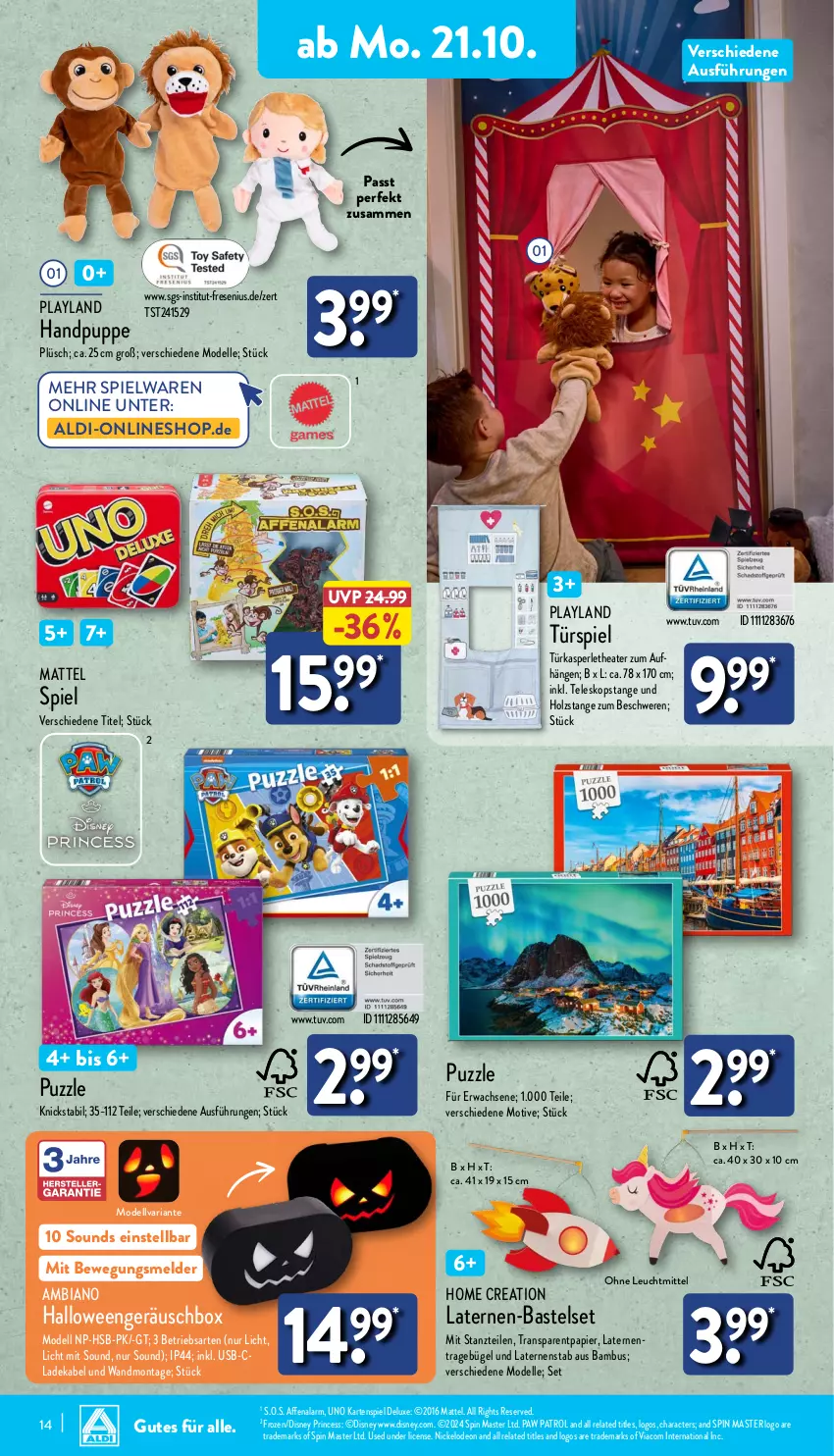 Aktueller Prospekt Aldi Nord - Von Montag - von 21.10 bis 26.10.2024 - strona 14 - produkty: aldi, ambia, bambus, bügel, deka, dell, deo, disney, elle, Holz, Kartenspiel, ladekabel, laterne, leuchtmittel, Mattel, Mode, papier, Paw Patrol, Plüsch, Puppe, Puzzle, rel, Ria, spielwaren, Teleskop, Thea, Ti, usb, ZTE