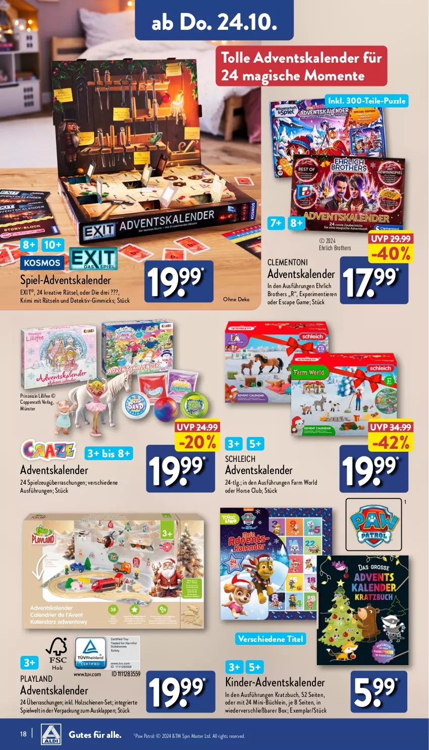 Aktueller Prospekt Aldi Nord - Von Montag - von 21.10 bis 26.10.2024 - strona 18 - produkty: Adventskalender, brot, brother, buch, Cap, coppenrath, ente, Holz, Kinder, LG, Paw Patrol, Puzzle, Schleich, spielzeug, Ti, Tiere