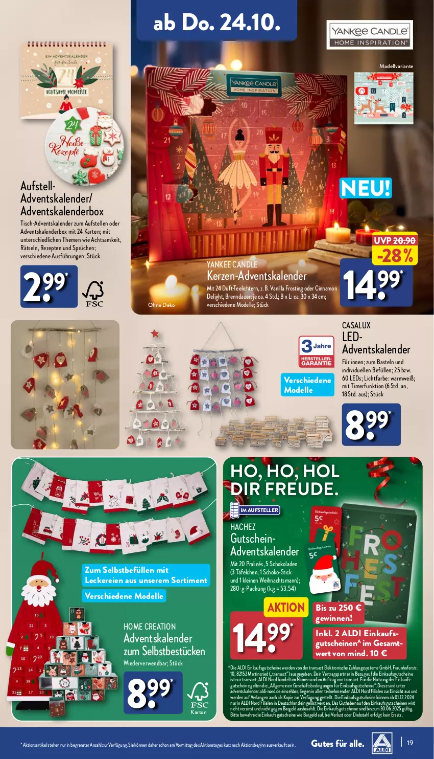 Aktueller Prospekt Aldi Nord - Von Montag - von 21.10 bis 26.10.2024 - strona 19 - produkty: Adventskalender, aldi, auer, cin, dell, Elektro, elle, erde, gin, gutschein, gutscheine, kerze, leds, leine, LG, Liege, Mode, rezept, rezepte, Ria, rwe, sac, schoko, schokolade, schokoladen, tee, Teelicht, teelichte, teller, Ti, timer, tisch, usb, ZTE