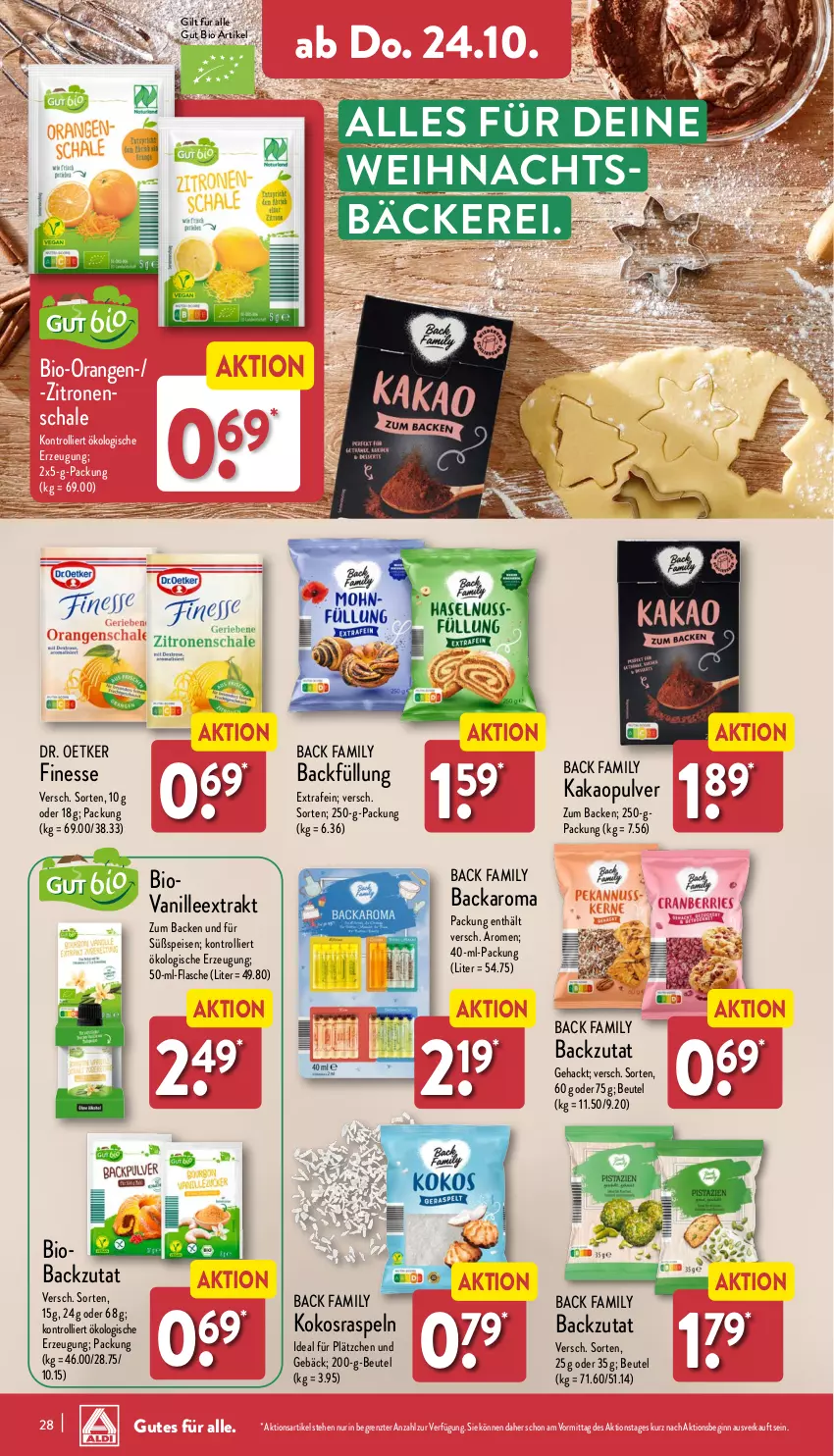 Aktueller Prospekt Aldi Nord - Von Montag - von 21.10 bis 26.10.2024 - strona 28 - produkty: beutel, bio, Dr. Oetker, eis, finesse, flasche, gin, kakao, kokos, Lätzche, orange, orangen, Schal, Schale, Ti, trolli, vanille, zitrone, zitronen, ZTE