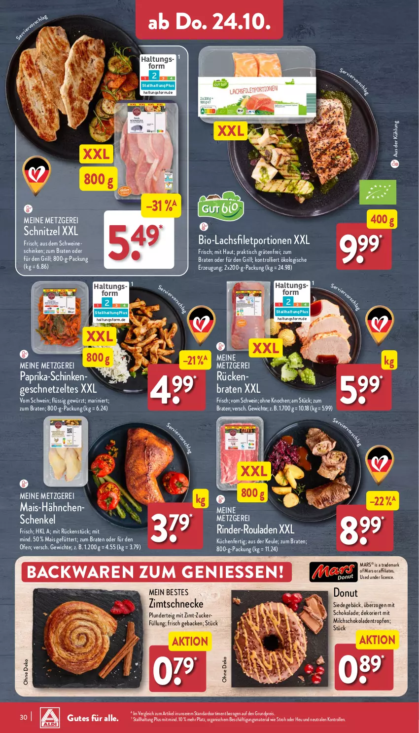 Aktueller Prospekt Aldi Nord - Von Montag - von 21.10 bis 26.10.2024 - strona 30 - produkty: backwaren, bio, braten, Donut, eis, filet, geback, geschnetzeltes, gewürz, grill, hähnchenschenkel, henkel, Heu, küche, Küchen, lachs, lachsfilet, mais, mars, milch, Ofen, paprika, Plunder, reis, Ria, rind, rinder, rinder-rouladen, rouladen, Rückenbraten, schenkel, schinken, schnitzel, schoko, schokolade, schokoladen, schwein, schweine, Ti, tisch, trolli, wein, weine, Zelt, zucker