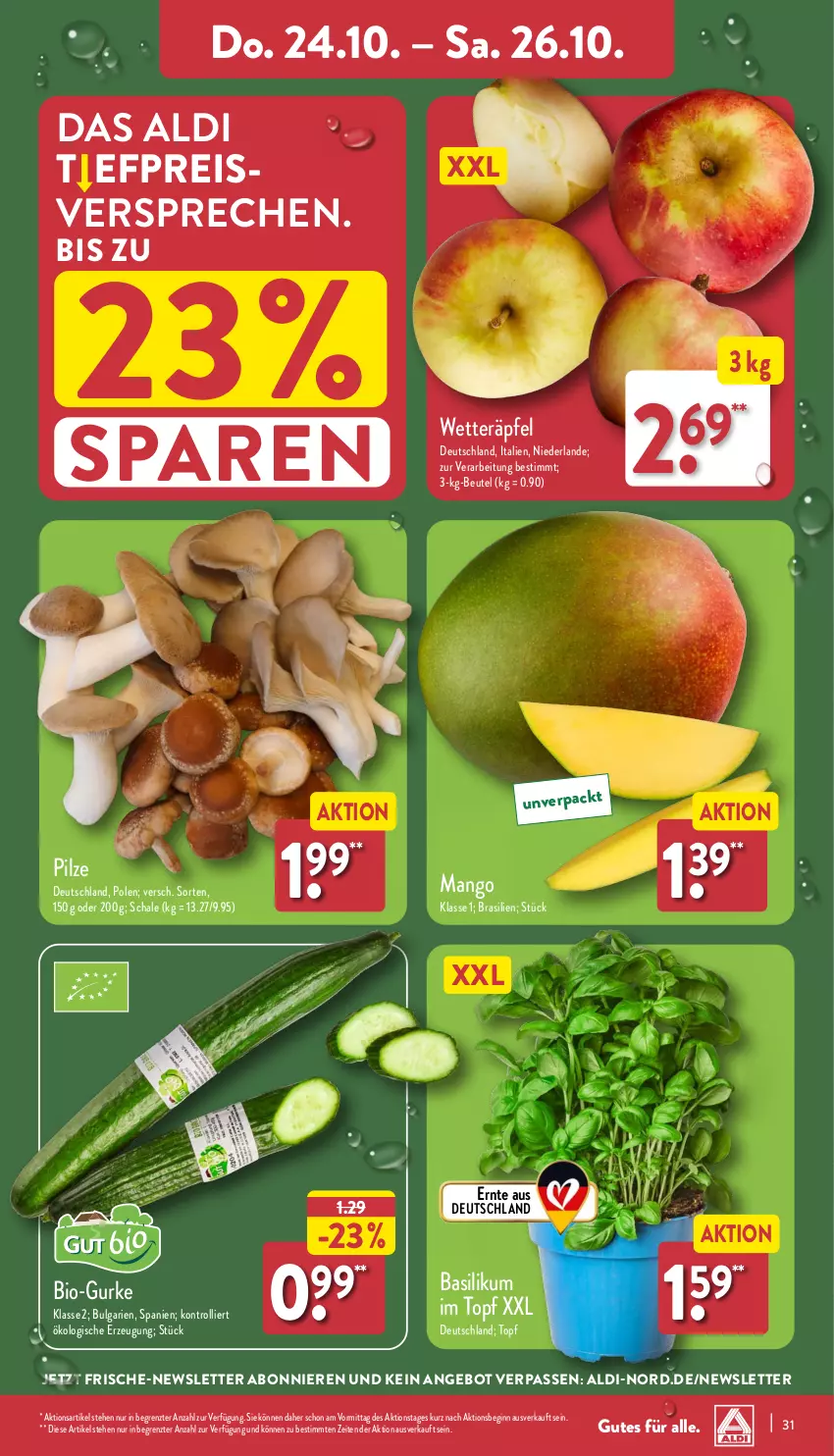 Aktueller Prospekt Aldi Nord - Von Montag - von 21.10 bis 26.10.2024 - strona 31 - produkty: aldi, angebot, basilikum, beutel, bio, eis, gin, gurke, LG, mango, pilze, reis, Schal, Schale, Ti, topf, trolli, ZTE