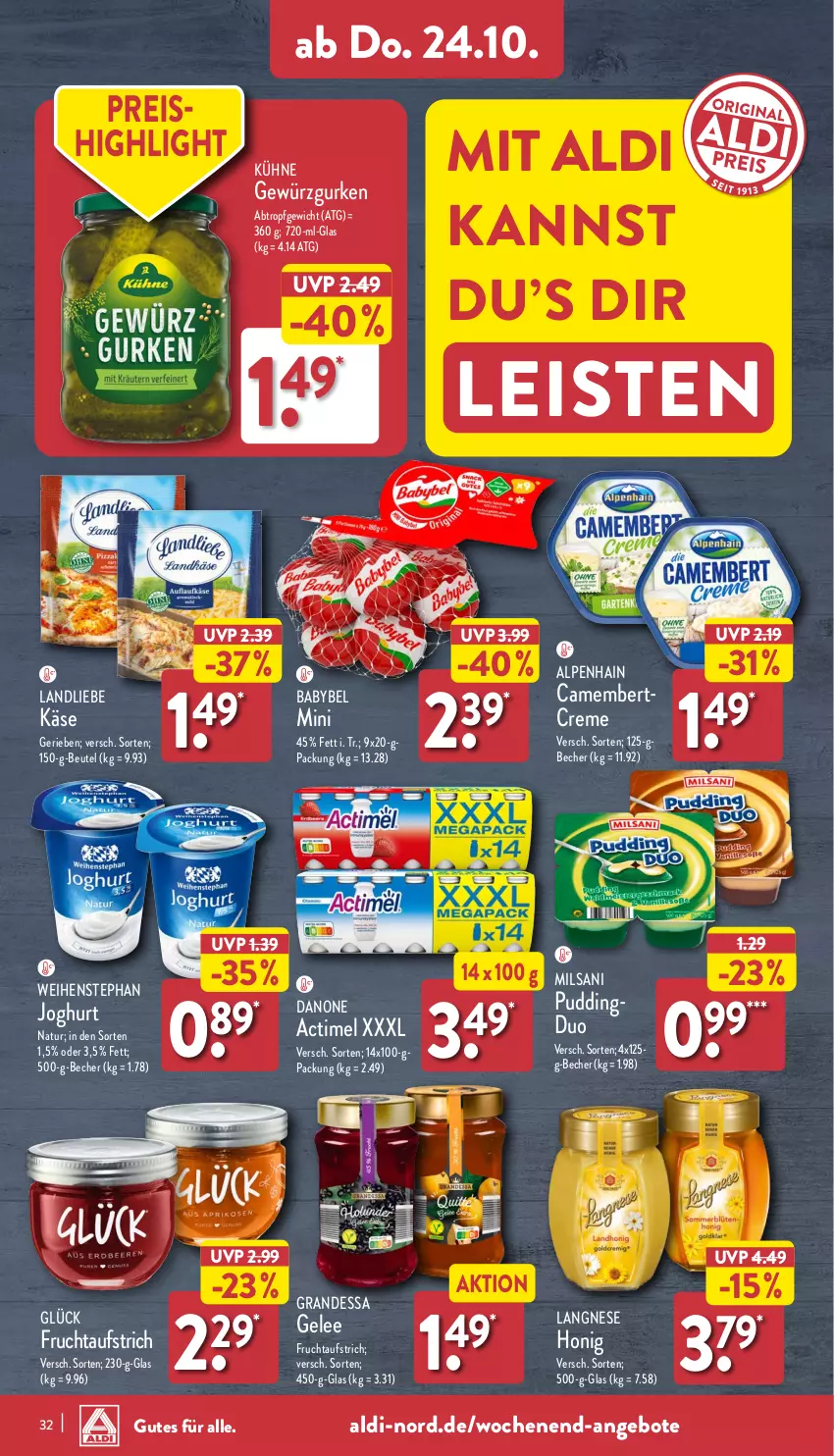 Aktueller Prospekt Aldi Nord - Von Montag - von 21.10 bis 26.10.2024 - strona 32 - produkty: actimel, aldi, Alpenhain, angebot, angebote, aufstrich, babybel, Becher, beutel, camembert, creme, danone, eis, frucht, fruchtaufstrich, gelee, gewürz, Gewürzgurke, gewürzgurken, grandessa, gurke, gurken, honig, joghur, joghurt, Käse, Kühne, landliebe, langnese, natur, pudding, reis, Ti, weihenstephan