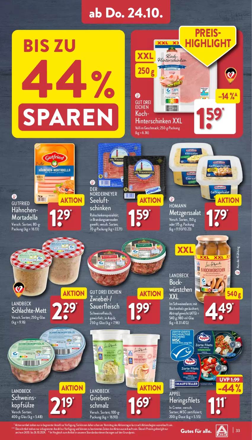 Aktueller Prospekt Aldi Nord - Von Montag - von 21.10 bis 26.10.2024 - strona 33 - produkty: auer, buch, creme, dell, eis, elle, filet, filets, fleisch, gin, gutfried, hering, Herings, heringsfilets, Heringsfilets in Creme, hinterschinken, Holz, homann, mac, malz, Mett, mortadella, reis, ring, rohschinken, salat, schinken, Schmalz, schwein, schweine, schweinefleisch, Seeluftschinken, Spezi, teller, Ti, wein, weine, würfel, würstchen, ZTE, zwiebel