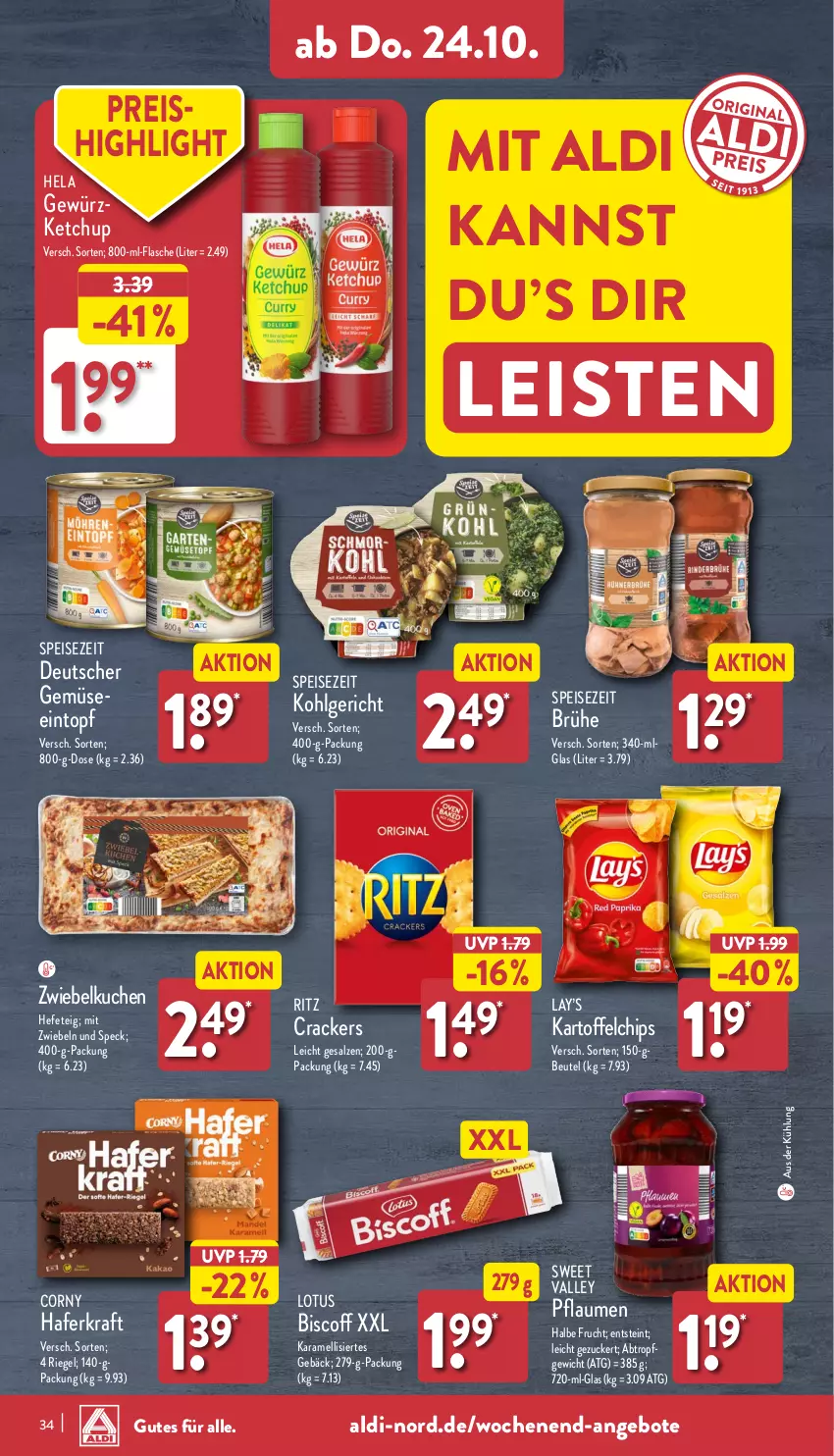 Aktueller Prospekt Aldi Nord - Von Montag - von 21.10 bis 26.10.2024 - strona 34 - produkty: aldi, angebot, angebote, beutel, biscoff, Brühe, chips, corny, cracker, eintopf, eis, flasche, frucht, gewürz, gewürzketchup, hafer, Hefe, Hela, karamell, kartoffel, kartoffelchips, ketchup, kraft, kuchen, LG, mit zwiebeln, pflaume, pflaumen, reis, riegel, salz, Speck, Ti, topf, zucker, zwiebel, zwiebeln