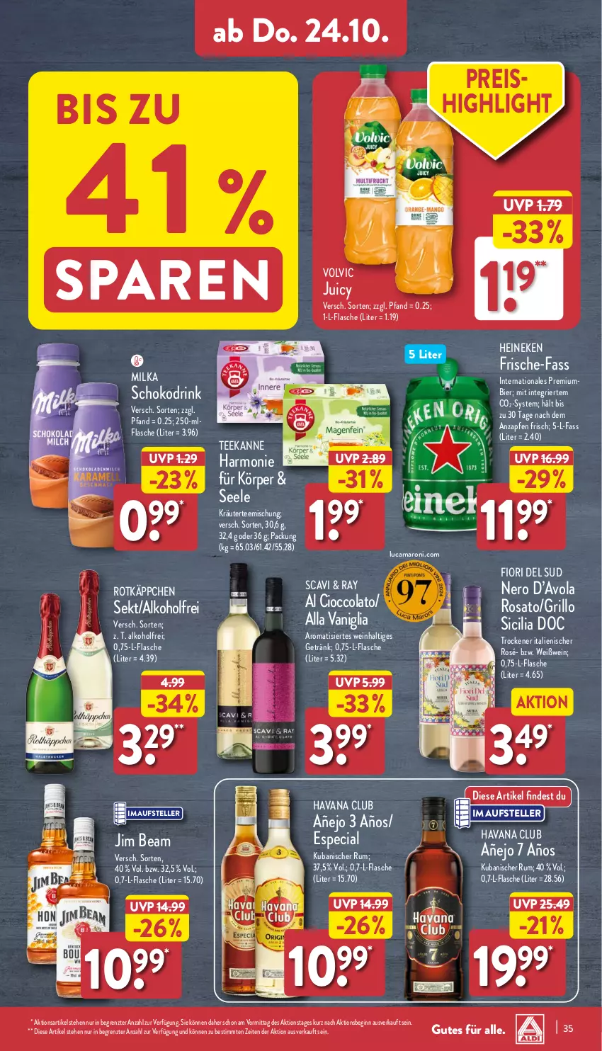 Aktueller Prospekt Aldi Nord - Von Montag - von 21.10 bis 26.10.2024 - strona 35 - produkty: alkohol, amaro, bier, cola, drink, eis, elle, flasche, getränk, gin, grill, grillo, Havana Club, heineken, jim beam, kräuter, milka, nero, Premiumbier, reis, rosato, rotkäppchen, rum, schoko, sekt, tee, teekanne, teller, Ti, volvic, wein, Weißwein, ZTE