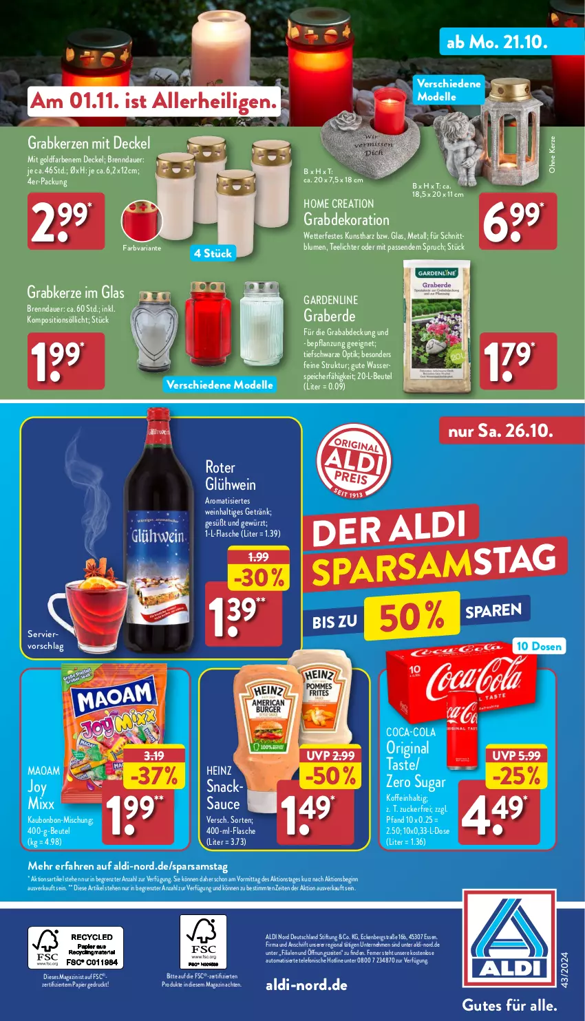 Aktueller Prospekt Aldi Nord - Von Montag - von 21.10 bis 26.10.2024 - strona 40 - produkty: aldi, auer, auto, beutel, blume, blumen, coca-cola, cola, decke, Deckel, dekoration, dell, elle, erde, flasche, getränk, gewürz, gin, Glühwein, heinz, kerze, Kunstharz, magazin, maoam, Mode, papier, Ria, sauce, snack, snacks, tee, Teelicht, teelichte, telefon, Ti, wasser, wein, ZTE, zucker