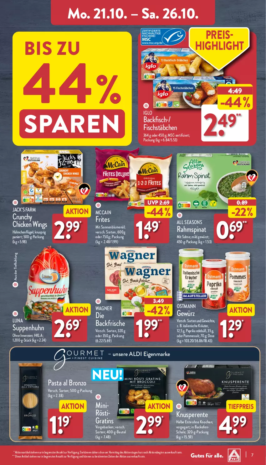 Aktueller Prospekt Aldi Nord - Von Montag - von 21.10 bis 26.10.2024 - strona 7 - produkty: aldi, aus der tiefkühlung, backfisch, backofen, beutel, blume, blumen, blumenöl, chicken wings, eis, elle, ente, fisch, fischstäbchen, geback, gewürz, gin, hähnchenflügel, iglo, kräuter, mccain, Ofen, paprika, pasta, pommes, reis, sahne, salz, Schal, Schale, sonnenblume, sonnenblumen, sonnenblumenöl, spinat, suppe, suppen, Suppenhuhn, teller, Ti, tiefpreis, wagner, ZTE