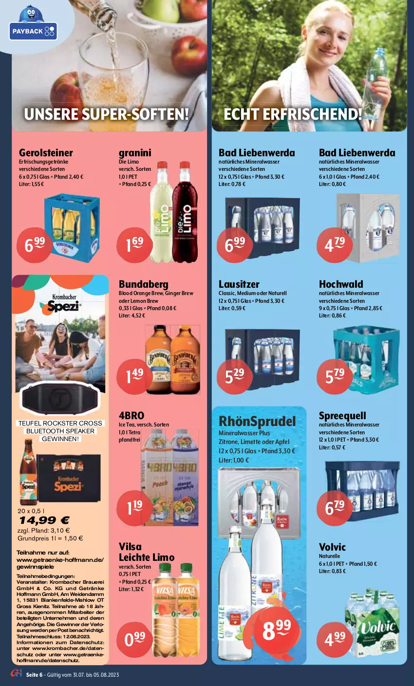 Aktueller Prospekt Getraenke Hoffmann - Prospekte - von 31.07 bis 05.08.2023 - strona 6 - produkty: alkohol, Alwa, apfel, auer, Bad, Bad Liebenwerda, bag-in-box, baileys, blended scotch, blended scotch whisky, Bundaberg, burgunder, chardonnay, doppio passo, eis, elle, ente, erde, erfrischungsgetränk, erfrischungsgetränke, gerolsteine, gerolsteiner, getränk, getränke, gewinnspiel, gin, gin mare, ginger, granini, granini die limo, grauburgunder, Havana Club, hochwald, ice tea, irish cream, johnnie walker, krombache, krombacher, likör, limette, limo, Mett, mineralwasser, natur, natürliches mineralwasser, ohne alkohol, orange, passo, pfirsich, primitivo, reis, rel, RhönSprudel, riesling, rotkäppchen, rum, sauvignon, sauvignon blanc, scotch, scotch whisky, sekt, Spiele, Spreequell, Sprudel, steiner, Three Sixty, Ti, vilsa, vodka, volvic, wasser, wein, weine, whisky, wolle, zitrone