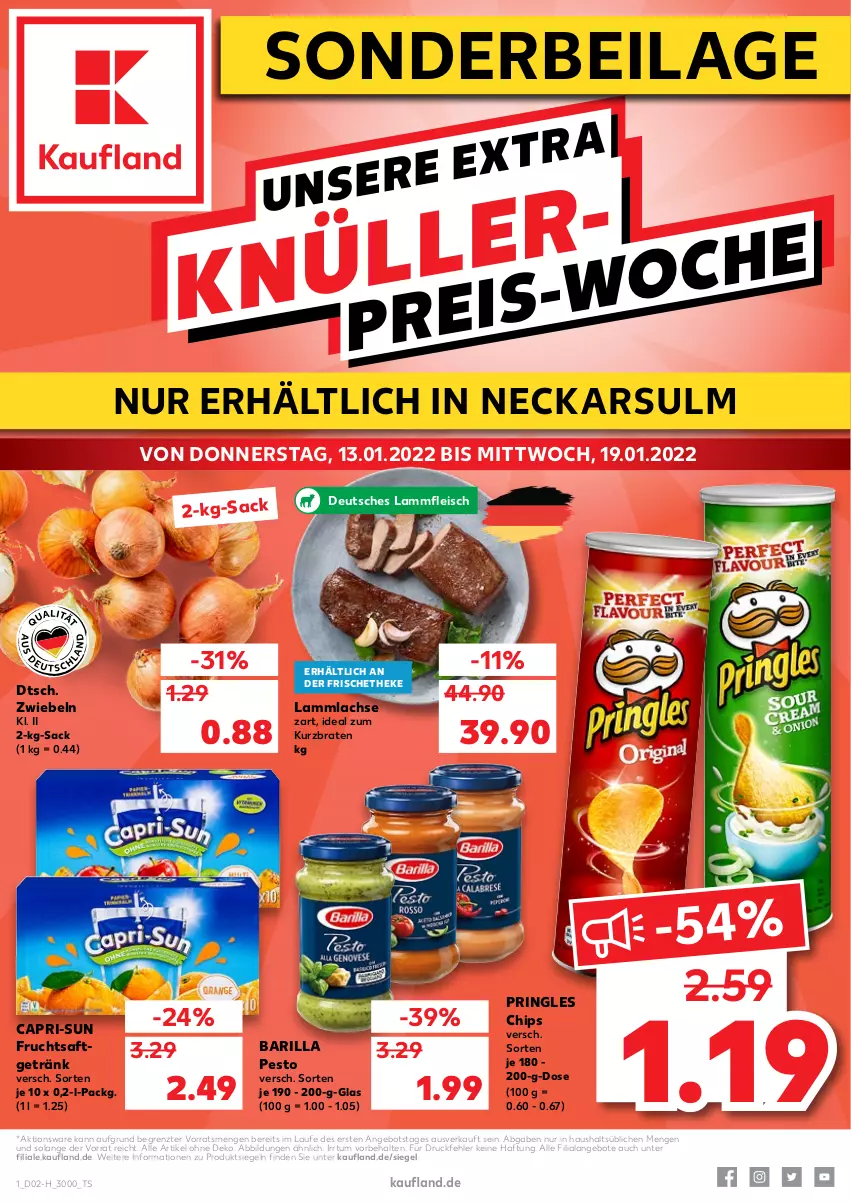 Aktueller Prospekt Kaufland - Spezielle Angebote - von 13.01 bis 19.01.2022 - strona 1 - produkty: angebot, angebote, barilla, braten, Cap, capri-sun, chips, eis, fleisch, frucht, fruchtsaft, fruchtsaftgetränk, getränk, ilag, lachs, lamm, Lammfleisch, lammlachse, pesto, pringles, ring, sac, saft, Ti, ZTE, zwiebel, zwiebeln