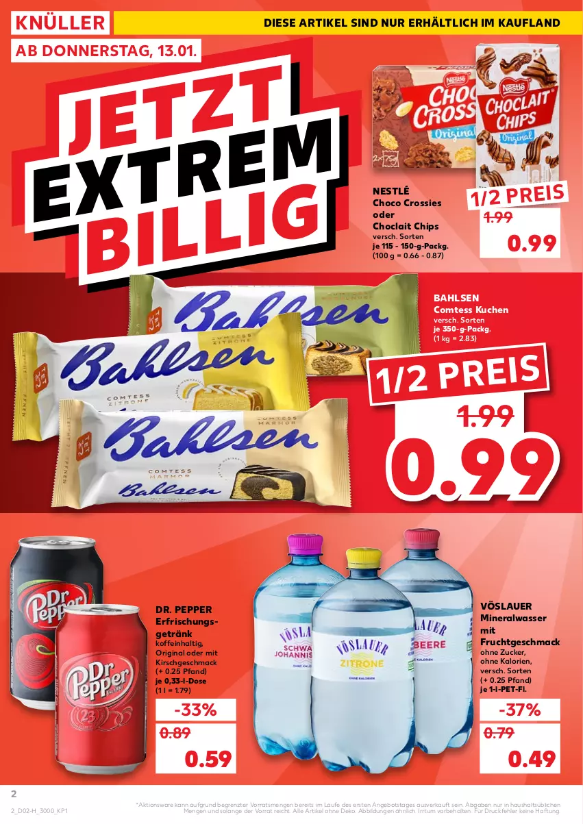 Aktueller Prospekt Kaufland - Spezielle Angebote - von 13.01 bis 19.01.2022 - strona 2 - produkty: Alwa, angebot, auer, bahlsen, chips, choclait chips, choco crossies, comtess, comtess kuchen, crossies, eis, erfrischungsgetränk, frucht, getränk, gin, kirsch, kuchen, mac, mineralwasser, mit frucht, nestlé, reis, Ti, vöslauer, wasser, ZTE, zucker