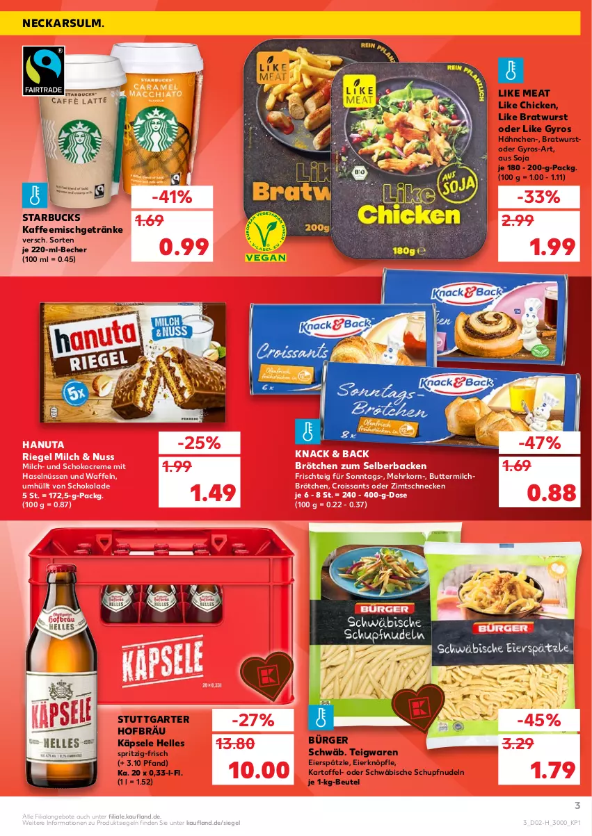 Aktueller Prospekt Kaufland - Spezielle Angebote - von 13.01 bis 19.01.2022 - strona 3 - produkty: angebot, angebote, Becher, beutel, bratwurst, brötchen, butter, buttermilch, creme, Croissant, croissants, eier, eierspätzle, elle, getränk, getränke, gyros, hanuta, kaffee, kartoffel, korn, Like Meat, milch, Milchbrötchen, nudel, nudeln, nuss, riegel, schoko, schokolade, soja, starbucks, teigwaren, Ti, waffeln, wurst