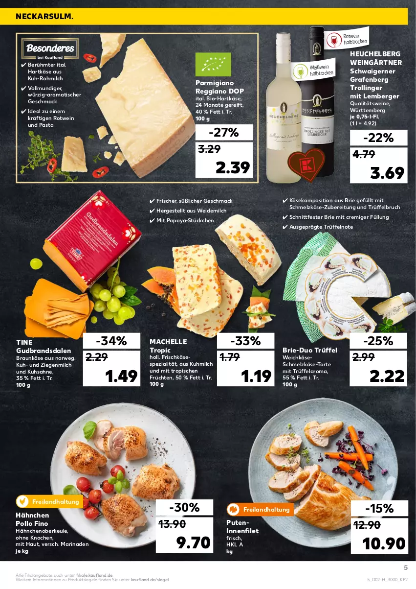 Aktueller Prospekt Kaufland - Spezielle Angebote - von 13.01 bis 19.01.2022 - strona 5 - produkty: angebot, angebote, Berger, bio, braun, brie, elle, filet, frischkäse, früchte, früchten, hartkäse, Heu, Käse, mac, marinade, milch, Papaya, parmigiano, parmigiano reggiano, pasta, Pollo Fino, pute, qualitätswein, qualitätsweine, reggiano, rotwein, rwe, sahne, Schmelzkäse, Spezi, Ti, tisch, torte, trolli, trollinger, Trüffel, weichkäse, weidemilch, wein, weine, Weißwein