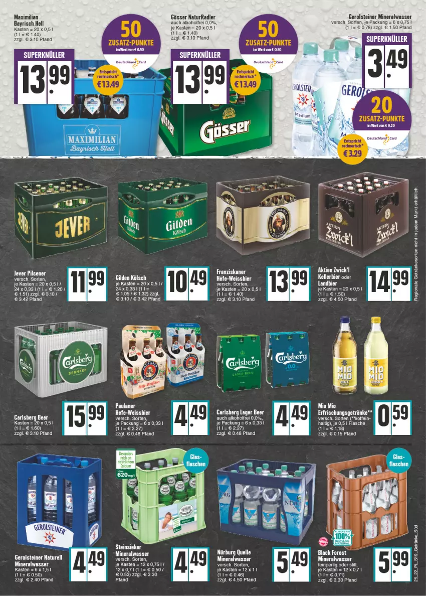 Aktueller Prospekt E Center - Angebote der Woche - von 20.06 bis 25.06.2022 - strona 19 - produkty: alkohol, Alwa, bier, carlsberg, eier, eis, elle, flasche, franziskaner, gerolsteine, gerolsteiner, gösser, Hefe, kellerbier, lack, mineralwasser, Mio Mio, natur, Paula, paulaner, radler, rel, steiner, Steinsieker, tee, Ti, wasser, weissbier