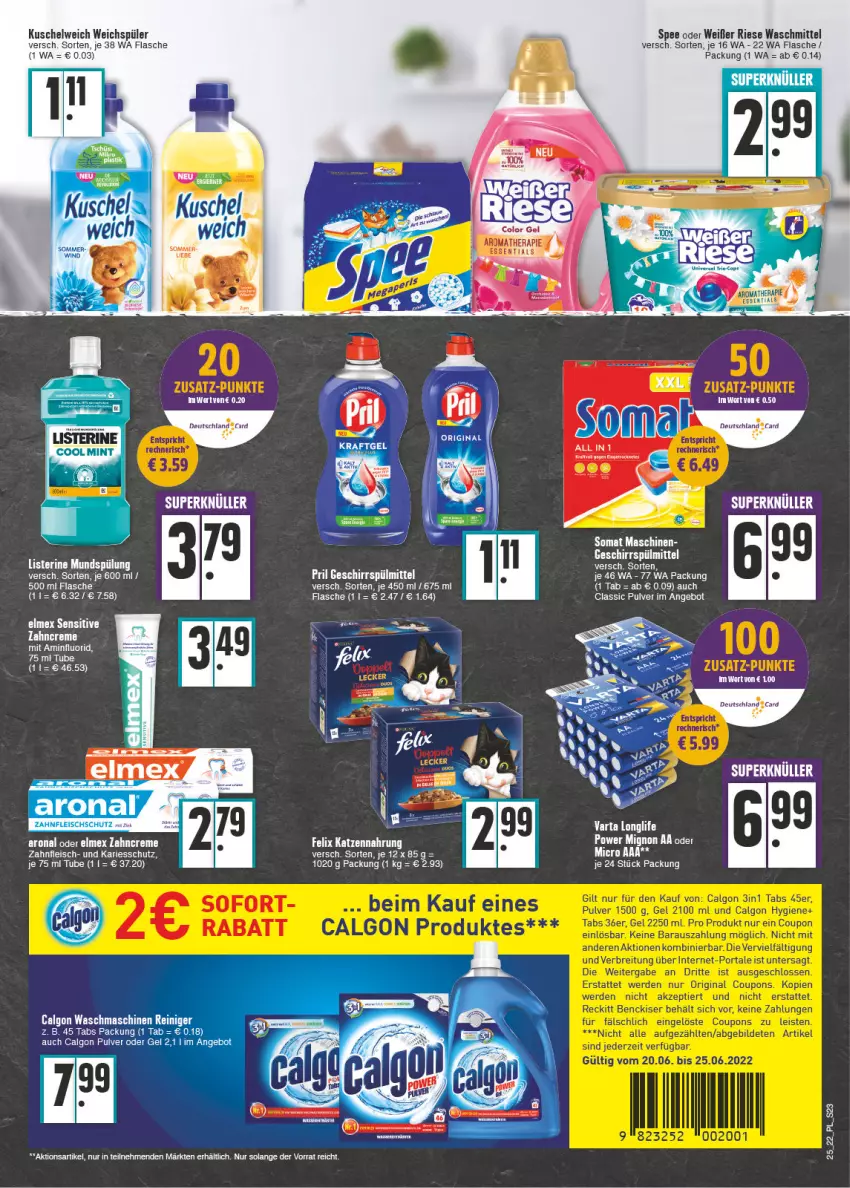 Aktueller Prospekt E Center - Angebote der Woche - von 20.06 bis 25.06.2022 - strona 23 - produkty: angebot, creme, elmex, flasche, Kuschelweich, LG, listerine, longlife, mundspülung, somat, spee, spülung, tee, Ti, varta, waschmittel, weichspüler, zahncreme