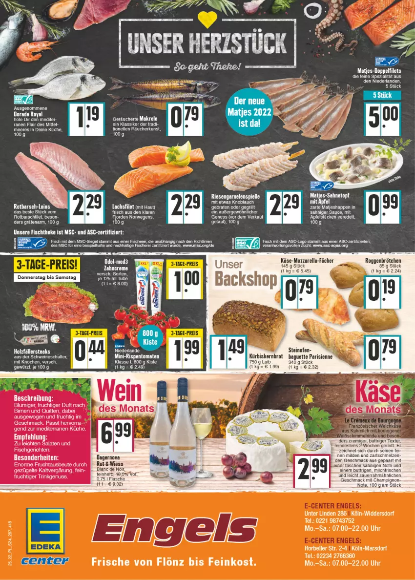 Aktueller Prospekt E Center - Angebote der Woche - von 20.06 bis 25.06.2022 - strona 24 - produkty: aqua, auer, baguette, Birnen, braten, brot, champignon, Dorade, dorade royal, eis, elle, feinkost, filet, filets, fisch, fische, Fischer, frucht, garnelen, gewürz, grill, Holz, holzfällersteaks, Käse, knoblauch, küche, Kürbis, lachs, lachsfilet, mac, Makrele, matjes, milch, mini-rispentomaten, mozzarella, nuss, Ofen, rel, riesengarnelen, rispentomaten, Rotbarsch, rwe, sahne, sauce, Sauerrahm, Schere, Spezi, steak, steaks, steinofen, tee, Ti, tomate, tomaten, topf, uhr