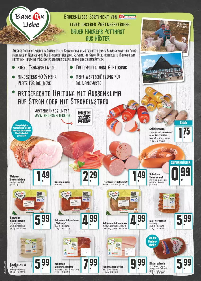 Aktueller Prospekt E Center - Angebote der Woche - von 20.06 bis 25.06.2022 - strona 8 - produkty: auer, aufschnitt, Bau, Bauer, bratwurst, brustfilet, butter, eis, ente, filet, fleisch, fleischwurst, frischwurst-aufschnitt, gulasch, hähnchenbrust, hähnchenbrustfilet, höxter, knoblauch, kochschinken, kräuter, kräuterbutter, leberwurst, Meister, Mett, minutenschnitzel, mit knoblauch, mit paprika, Nackensteak, nackensteaks, natur, nuss, paprika, rind, rinder, rindergulasch, ring, rostbratwurst, Rückensteak, rückensteaks, rwe, saft, schinken, schinkenwurst, schlauch, schnitzel, schwein, schweine, schweinerücken, Spiele, Sport, steak, steaks, tee, Ti, Tiere, wein, weine, wurst, würstchen, zwiebel