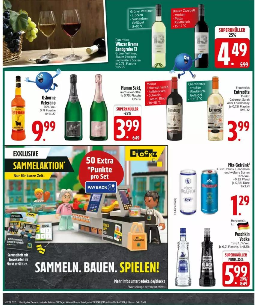 Aktueller Prospekt Edeka - Prospekte - von 14.07 bis 19.07.2025 - strona 20 - produkty: alkohol, auer, blauer zweigelt, cabernet, chardonnay, deka, eis, enders, flasche, Geflügel, getränk, K2, lamm, merl, merlot, mumm, osborne, puschkin vodka, reis, rind, sekt, veterano, vodka, ZTE, Zweigelt