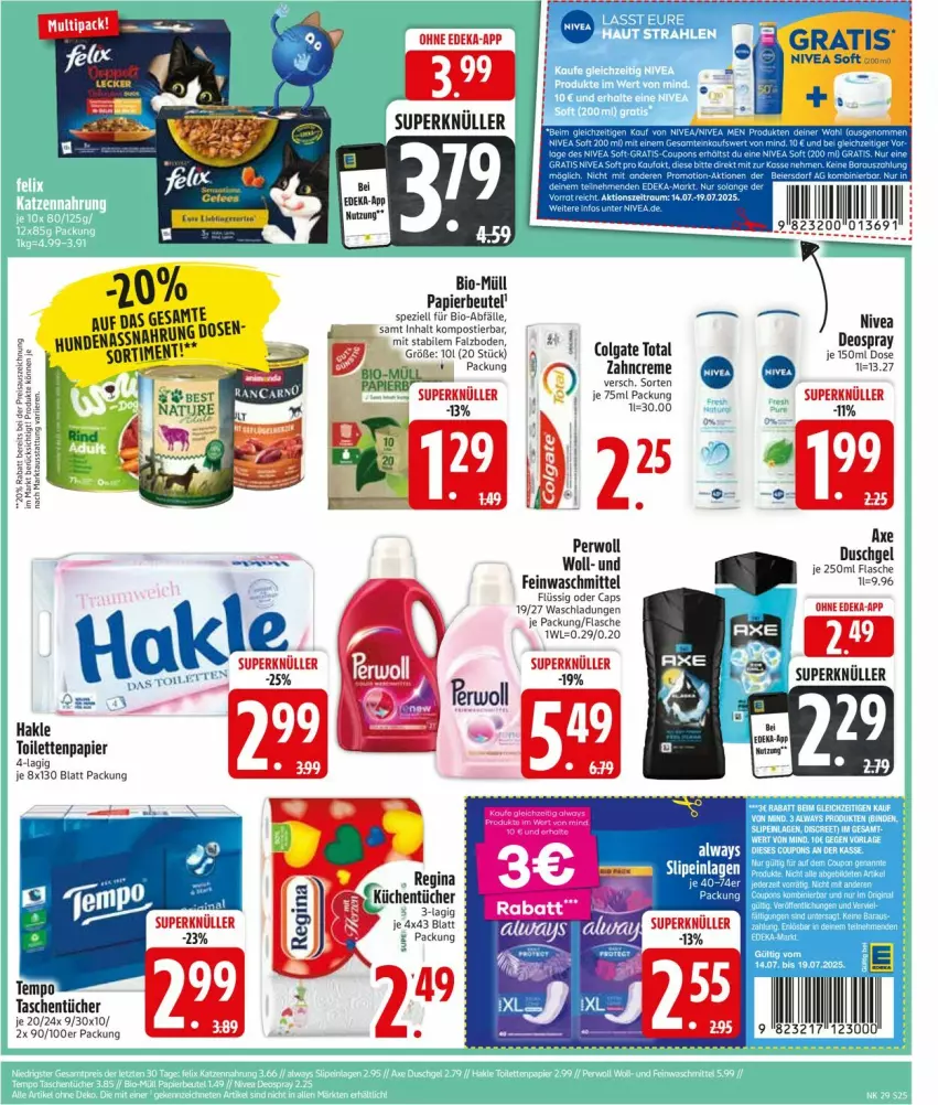 Aktueller Prospekt Edeka - Prospekte - von 14.07 bis 19.07.2025 - strona 25 - produkty: axe, beutel, bio, Cap, coupon, coupons, creme, deka, deo, deospray, eier, feinwaschmittel, flasche, gin, nivea, Nivea Men, papier, perwoll, rind, Ti, toilettenpapier, tücher, waschmittel, zahncreme