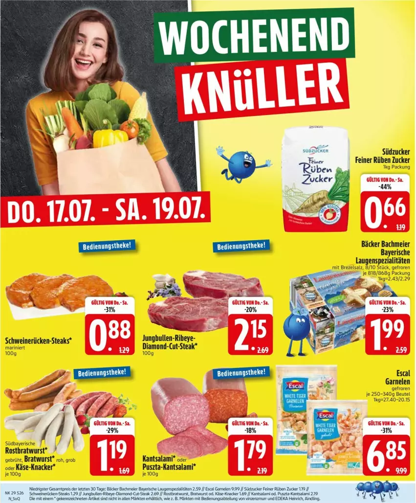 Aktueller Prospekt Edeka - Prospekte - von 14.07 bis 19.07.2025 - strona 26 - produkty: beutel, bratwurst, brezel, eier, escal, garnelen, jungbullen, Käse, knacker, rostbratwurst, salami, salz, schwein, schweine, schweinerücken, Spezi, steak, steaks, südzucker, Ti, wein, weine, wurst, ZTE, zucker