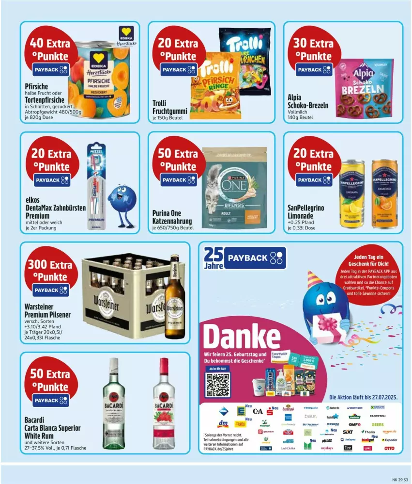 Aktueller Prospekt Edeka - Prospekte - von 14.07 bis 19.07.2025 - strona 3 - produkty: bacardi, beutel, brezel, Brezeln, bürste, bürsten, elkos, elle, flasche, frucht, fruchtgummi, katzennahrung, limo, limonade, milch, payback, pfirsich, pfirsiche, pils, pilsener, premium pils, purina, sanpellegrino, schnitten, schoko, steiner, Ti, torte, trolli, vollmilch, warsteiner, zahnbürste, zahnbürsten, zucker