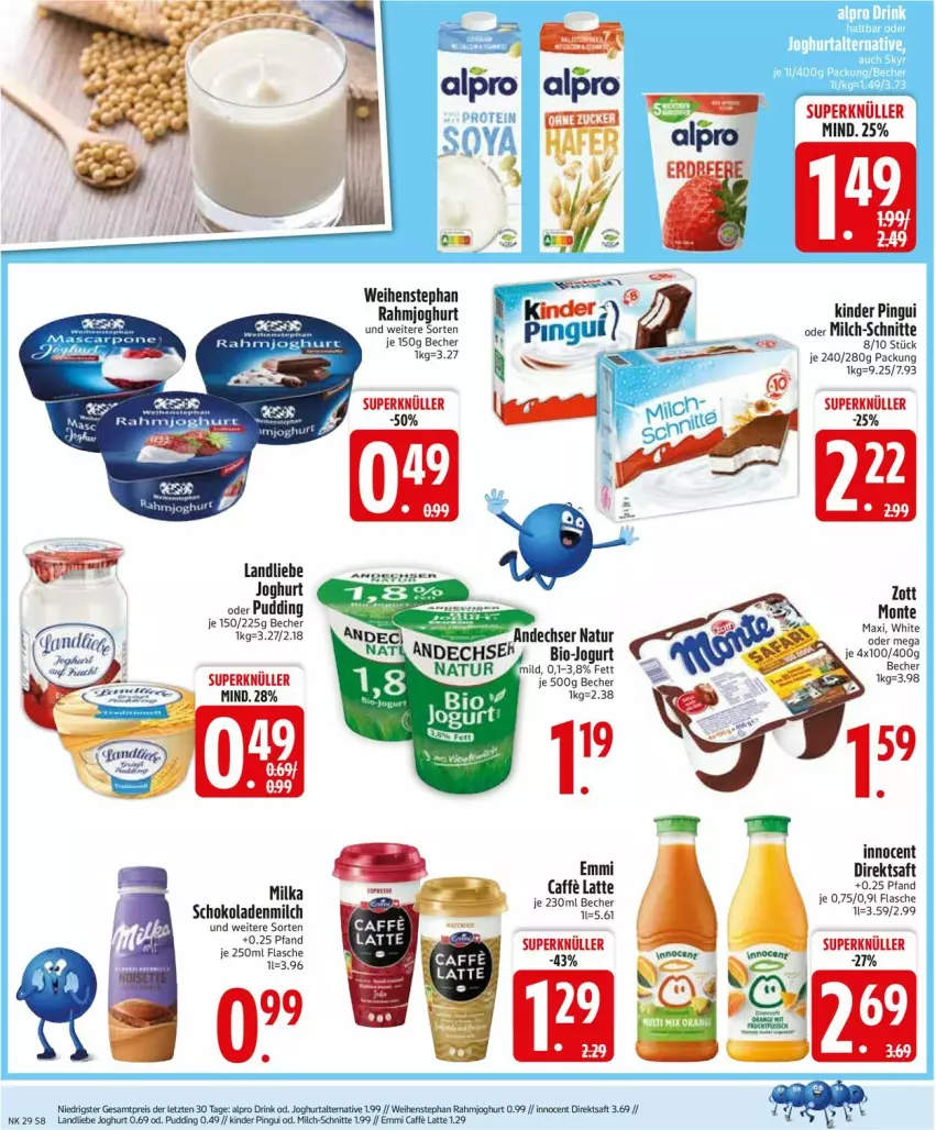 Aktueller Prospekt Edeka - Prospekte - von 14.07 bis 19.07.2025 - strona 8 - produkty: andechser natur, Becher, bio, caffe, direktsaft, emmi, flasche, Innocent, joghur, joghurt, jogurt, Kinder, kinder pingui, landliebe, landliebe joghurt, latte, milch, milch-schnitte, milka, natur, pingui, pudding, rahmjoghurt, saft, schoko, schokolade, schokoladen, weihenstephan, zott, ZTE