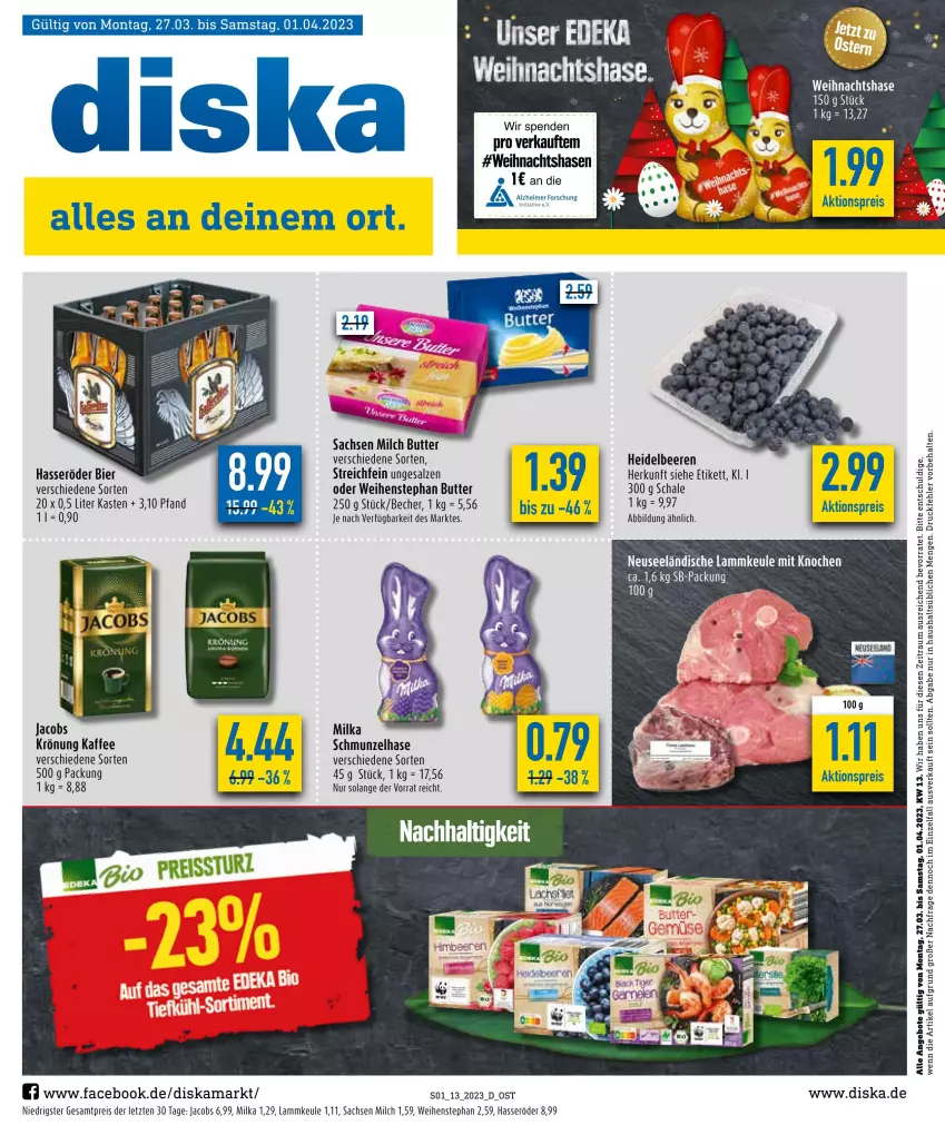 Aktueller Prospekt Diska - Prospekte - von 27.03 bis 01.04.2023 - strona 1 - produkty: aktionspreis, angebot, angebote, Becher, beere, beeren, bier, butter, deka, eimer, eis, hasseröder, heidelbeere, heidelbeeren, jacobs, kaffee, lamm, lammkeule, milch, milka, reis, sac, salz, Schal, Schale, Ti, weihenstephan, ZTE