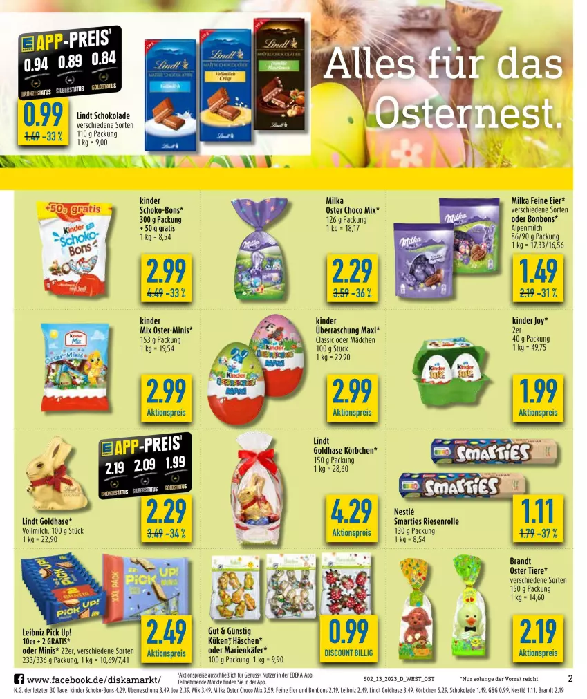 Aktueller Prospekt Diska - Prospekte - von 27.03 bis 01.04.2023 - strona 2 - produkty: aktionspreis, alpenmilch, bonbons, brandt, deka, discount, eier, eis, käfer, Kinder, Körbchen, leibniz, lindt, milch, milka, nuss, Pick Up!, reis, schoko, schoko-bons, schokolade, smarties, Ti, Tiere, vollmilch, ZTE