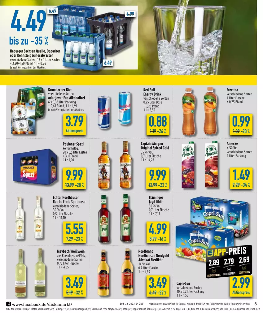 Aktueller Prospekt Diska - Prospekte - von 27.03 bis 01.04.2023 - strona 8 - produkty: aktionspreis, alkohol, Alwa, amecke, bier, burger, Cap, capri-sun, captain morgan, deka, drink, eier, eierlikör, eis, elle, energy drink, flasche, fuze tea, gin, jever, krombache, krombacher, likör, maybach, mineralwasser, nordbrand, nuss, original spiced gold, Paula, paulaner, red bull, reis, sac, säfte, Spezi, Ti, wasser, wein, Weißwein, ZTE