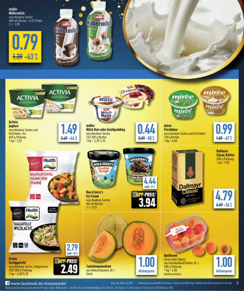 Aktueller Prospekt Diska - von 08.07 bis 13.07.2024 - strona 2 - produkty: activia, activia joghurt, aktionspreis, aprikose, aprikosen, Becher, bier, eis, elle, fertiggericht, flasche, frischkäse, frosta, Grießpudding, joghur, joghurt, kaffee, Käse, lachs, melone, milch, miree, Müller, pudding, reis, tagliatelle, Ti, Wild, wildlachs