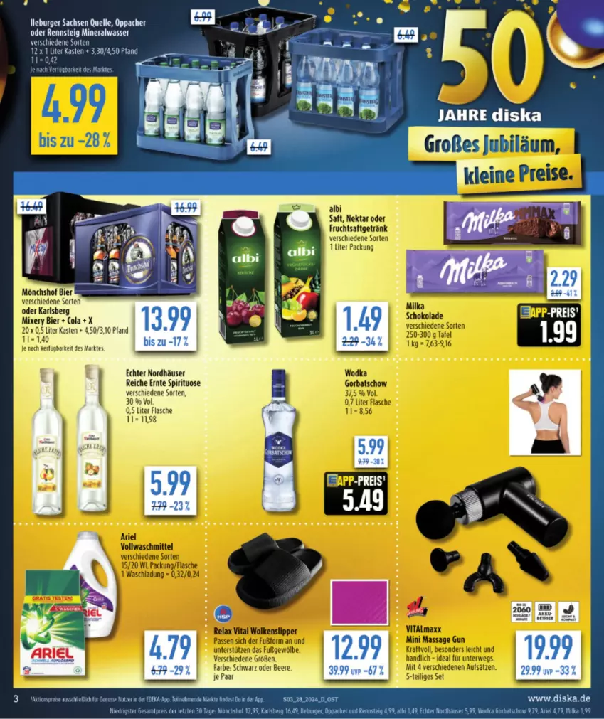 Aktueller Prospekt Diska - von 08.07 bis 13.07.2024 - strona 3 - produkty: aktionspreis, Alwa, beere, bier, burger, cola, eis, elle, ente, flasche, karlsberg, karlsberg mixery, mineralwasser, Mixer, mixery, mönchshof, nuss, reis, sac, Ti, wasser