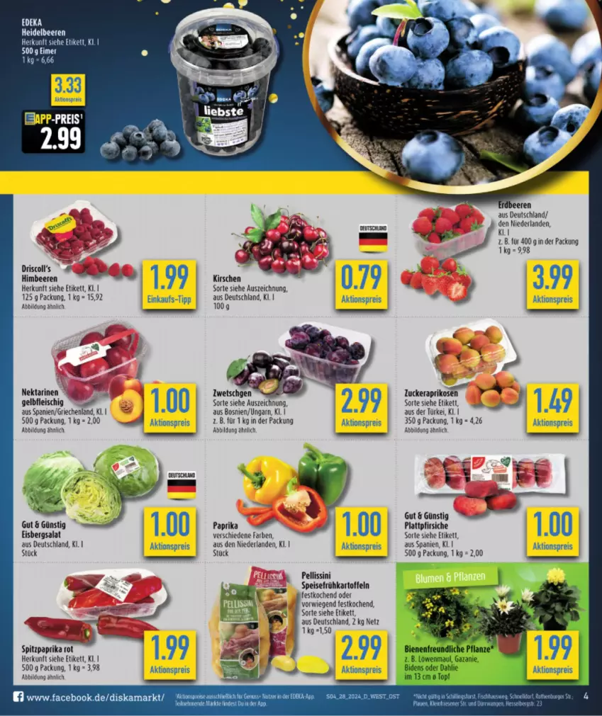 Aktueller Prospekt Diska - von 08.07 bis 13.07.2024 - strona 4 - produkty: aktionspreis, aprikose, aprikosen, beere, beeren, deka, eimer, eis, erdbeere, erdbeeren, fleisch, Frühkartoffeln, heidelbeere, heidelbeeren, himbeer, himbeere, himbeeren, kartoffel, kartoffeln, kirsch, kirsche, kirschen, Nektar, nektarinen, nuss, paprika, pfirsich, pfirsiche, plattpfirsiche, reis, salat, speisefrühkartoffeln, Spitzpaprika, Ti, zucker