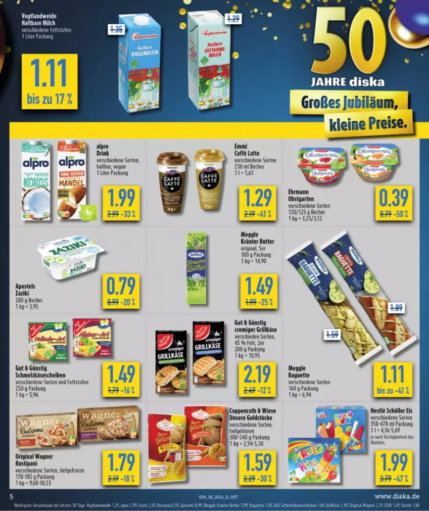 Aktueller Prospekt Diska - von 08.07 bis 13.07.2024 - strona 5 - produkty: alpro, apostels, baguette, Becher, butter, coppenrath, drink, ehrmann, eis, emmi, Garten, gin, Goldstücke, grill, Grillkäse, haltbare milch, Käse, käsescheiben, kräuter, latte, leine, meggle, milch, obst, obstgarten, original wagner, reis, rustipani, Schmelzkäse, Schöller, Ti, wagner