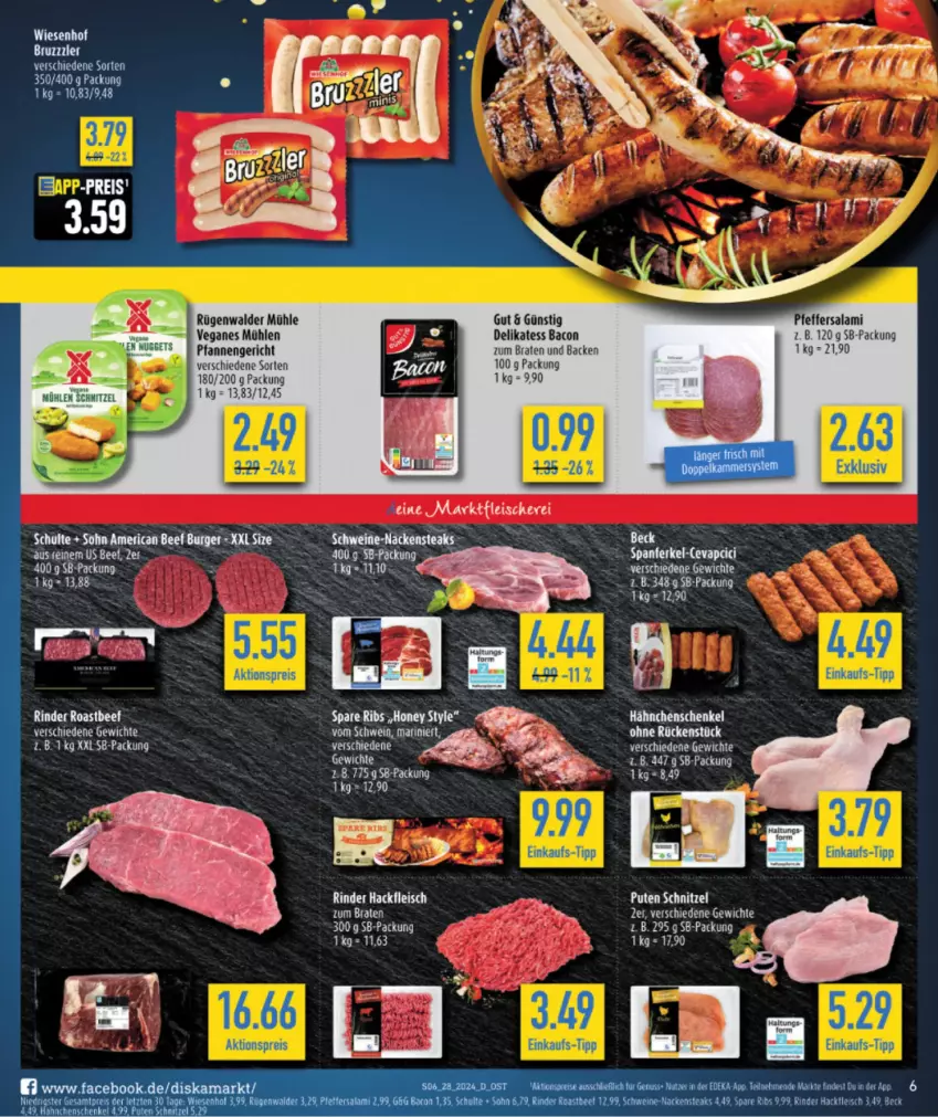 Aktueller Prospekt Diska - von 08.07 bis 13.07.2024 - strona 6 - produkty: bacon, beef, bett, braten, cevapcici, eis, ente, fleisch, hackfleisch, hähnchenschenkel, henkel, Nackensteak, nackensteaks, nuggets, pfanne, pfannen, pfeffer, pute, rind, rinder, roastbeef, rügenwalder, rügenwalder mühle, salami, schenkel, schnitzel, schwein, spare ribs, steak, steaks, Ti, wein, wiesenhof