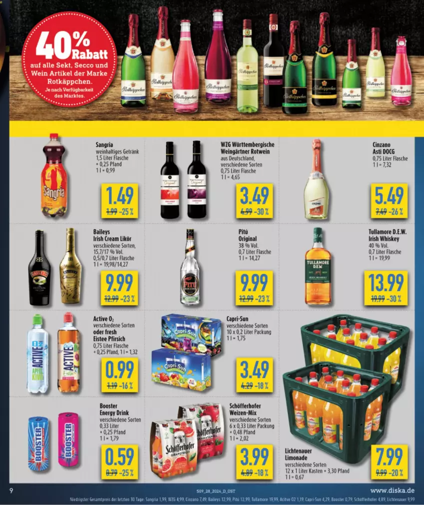 Aktueller Prospekt Diska - von 08.07 bis 13.07.2024 - strona 9 - produkty: asti, auer, baileys, cin, cinzano, drink, eis, eistee, energy drink, flasche, getränk, gin, irish cream, irish whiskey, lichtenauer, likör, limo, limonade, merl, pfirsich, Ria, rotwein, sangria, schöfferhofer, tee, Ti, tullamore, wein, whiskey