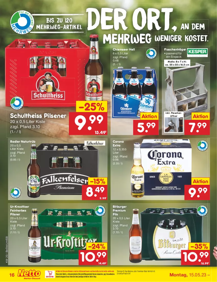 Aktueller Prospekt Netto Marken-Discount - Filial-Angebote - von 15.05 bis 20.05.2023 - strona 16 - produkty: bestpreis, bitburger, burger, corona, corona extra, eis, flasche, flaschenöffner, natur, ndk, pils, pilsener, pilsner, premium pils, radler, reis, rwe, Schultheiss, Ti