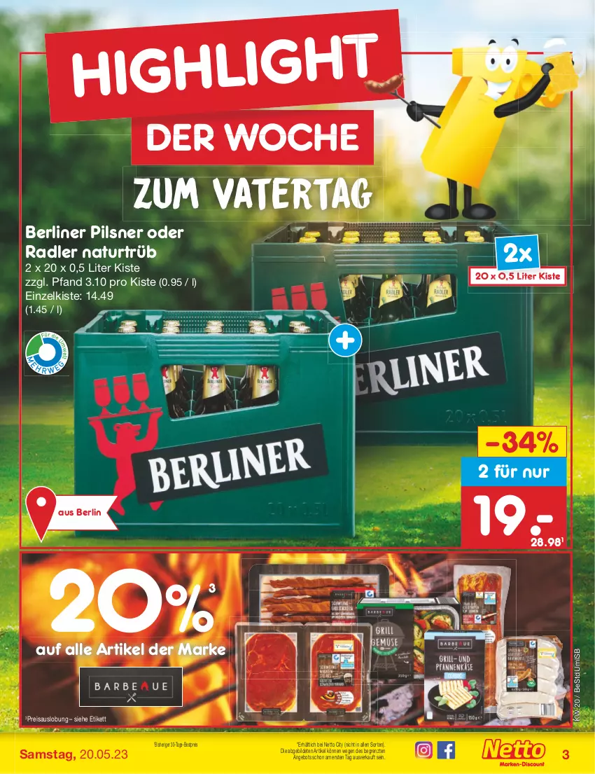 Aktueller Prospekt Netto Marken-Discount - Filial-Angebote - von 15.05 bis 20.05.2023 - strona 3 - produkty: angebot, berliner, bestpreis, eis, natur, oder radler, pils, pilsner, radler, reis, Ti, ZTE