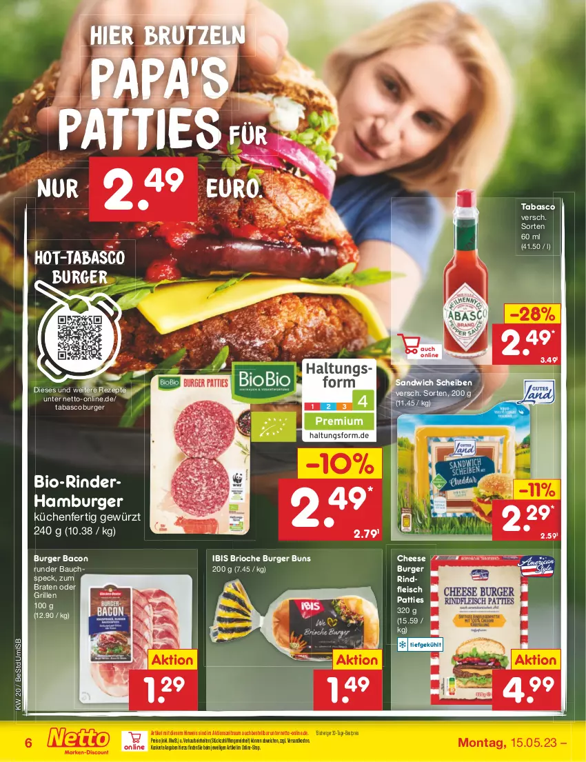 Aktueller Prospekt Netto Marken-Discount - Filial-Angebote - von 15.05 bis 20.05.2023 - strona 6 - produkty: bacon, Bau, bestpreis, bio, braten, brut, burger, burger buns, eis, fleisch, gewürz, grill, hamburger, küche, Küchen, ndk, reis, rezept, rezepte, rind, rinder, rindfleisch, sandwich, Speck, tabasco, Ti