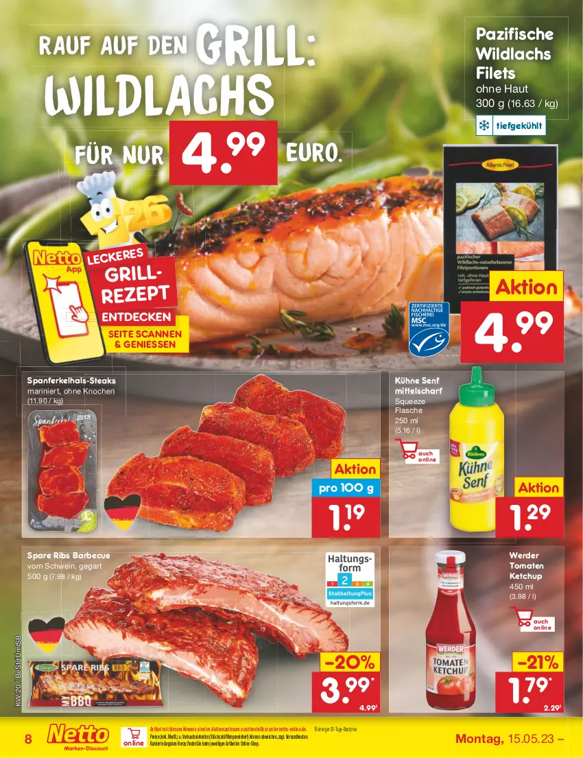 Aktueller Prospekt Netto Marken-Discount - Filial-Angebote - von 15.05 bis 20.05.2023 - strona 8 - produkty: barbecue, bestpreis, decke, eis, erde, filet, filets, fisch, fische, flasche, grill, ketchup, Kühne, kühne senf, lachs, ndk, reis, rezept, schwein, senf, spare ribs, steak, steaks, Ti, tomate, tomaten, tomaten ketchup, wein, Wild, wildlachs