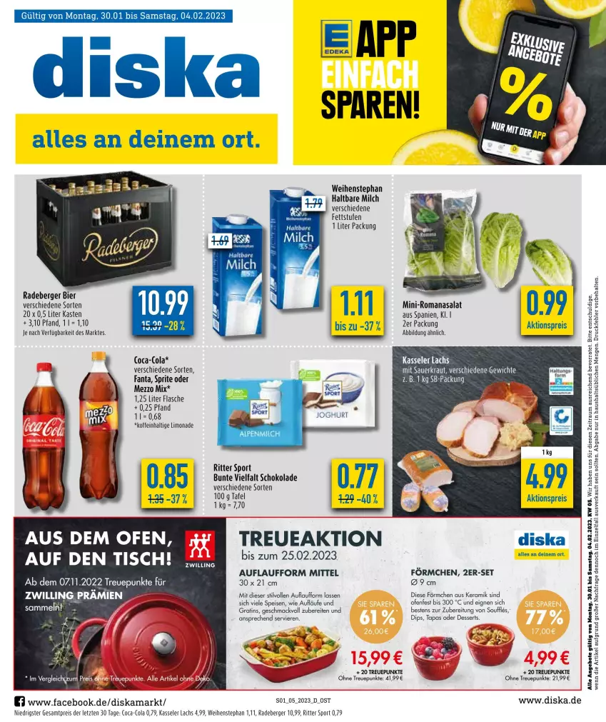 Aktueller Prospekt Diska - Prospekte - von 30.01 bis 04.02.2023 - strona 1 - produkty: aktionspreis, angebot, angebote, auer, Berger, bier, coca-cola, cola, dessert, desserts, dip, eis, fanta, flasche, haltbare milch, kasseler, Kraut, lachs, limo, limonade, mac, Mezzo Mix, milch, Ofen, radeberger, reis, ritter, ritter sport, Romanasalat, salat, Sauerkraut, schoko, schokolade, Sport, sprite, Tapas, Ti, tisch, weihenstephan, ZTE