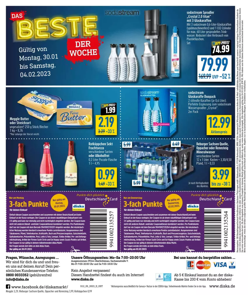 Aktueller Prospekt Diska - Prospekte - von 30.01 bis 04.02.2023 - strona 12 - produkty: aktionspreis, alkohol, Alwa, angebot, angebote, asti, Astra, buch, burger, coupon, deka, deutschland card, eier, eis, elle, ente, erde, flasche, glaskaraffe, guthabenkarte, gutschein, Karaffe, kraft, LG, meggle, mineralwasser, nuss, Rauch, reis, ring, rotkäppchen, sac, sekt, Soda, sodastream, Sprudel, spülmaschinen, Streichzart, Tchibo, tee, telefon, Ti, uhr, wasser, wassersprudler