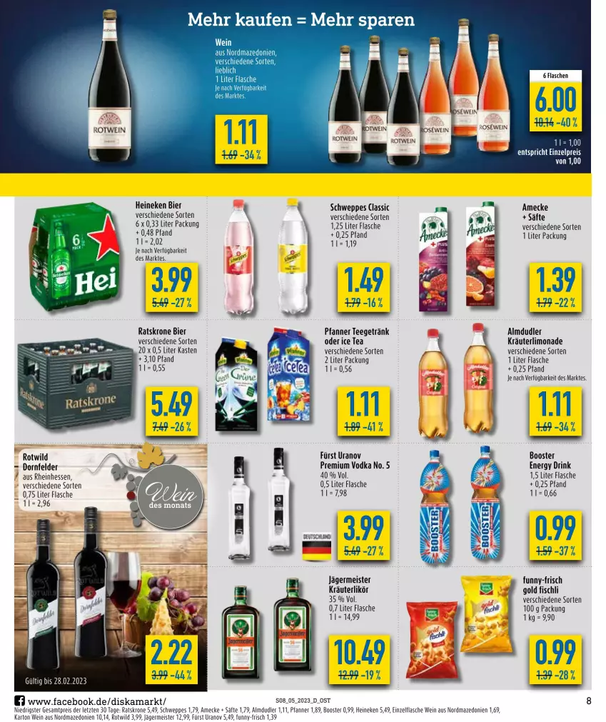 Aktueller Prospekt Diska - Prospekte - von 30.01 bis 04.02.2023 - strona 8 - produkty: almdudler, amecke, bier, buch, dornfelder, drink, eis, energy drink, fisch, flasche, funny-frisch, Germ, getränk, heineken, ice tea, jägermeister, kräuter, kräuterlikör, krone, likör, limo, limonade, Meister, pfanne, Pfanner, premium vodka, reis, rotwein, säfte, schweppes, tee, vodka, wein, Wild, ZTE